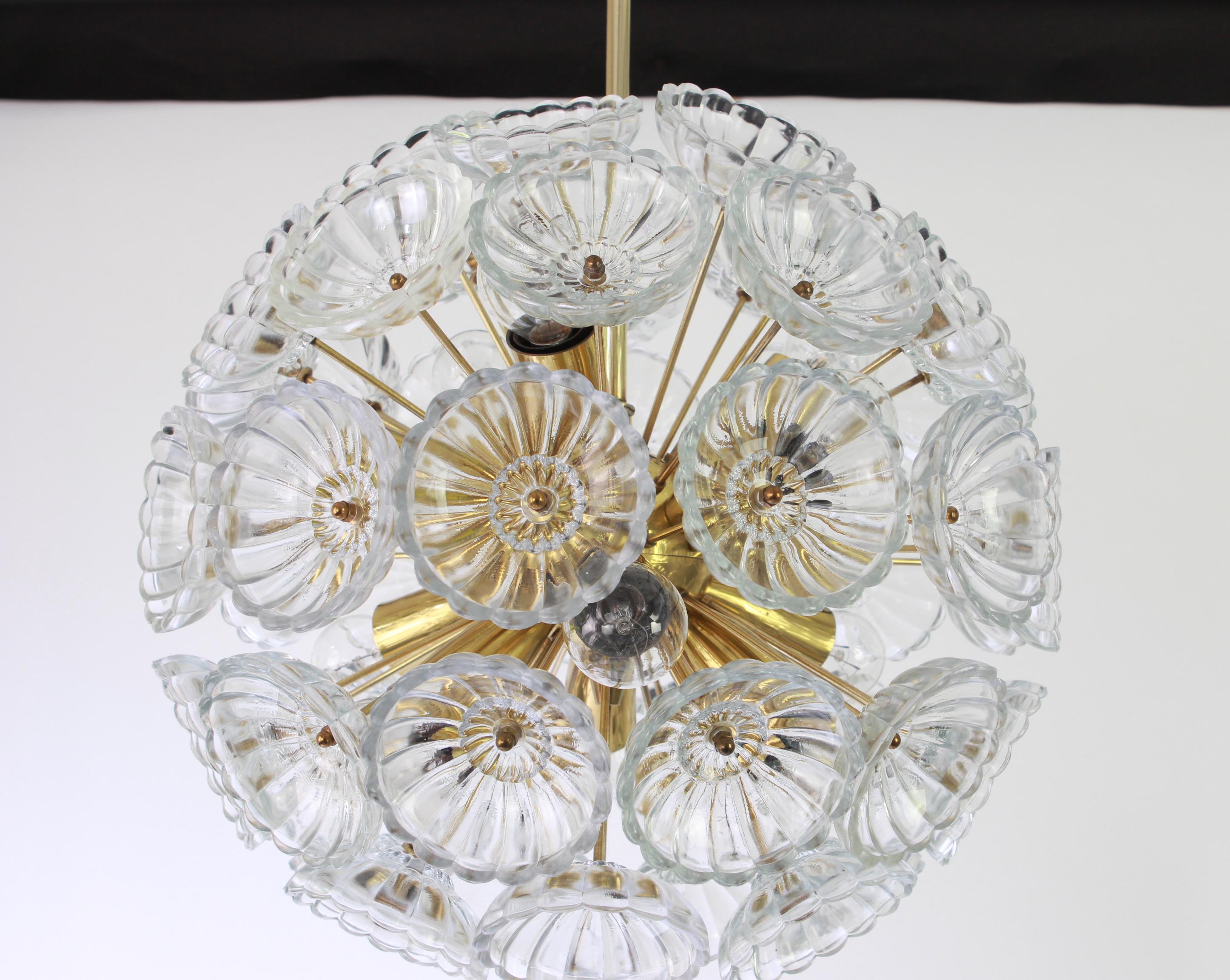 Mid-20th Century 1 of 2 Stunning Floral Glass and Brass Sputnik Chandeliers, Germany, 1960s