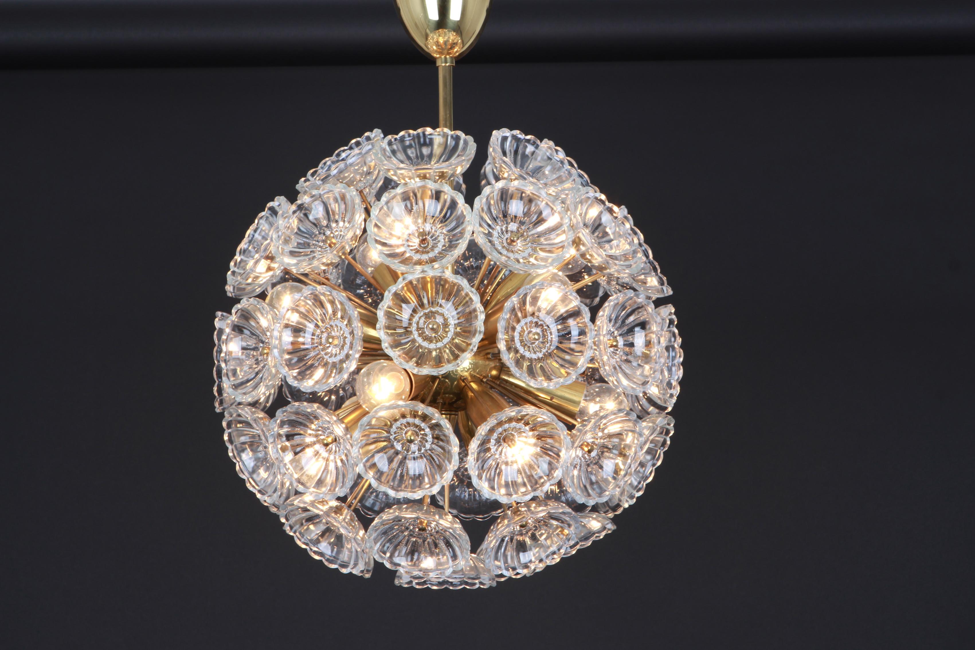 1 of 2 Stunning Floral Glass and Brass Sputnik Chandeliers, Germany, 1960s 2