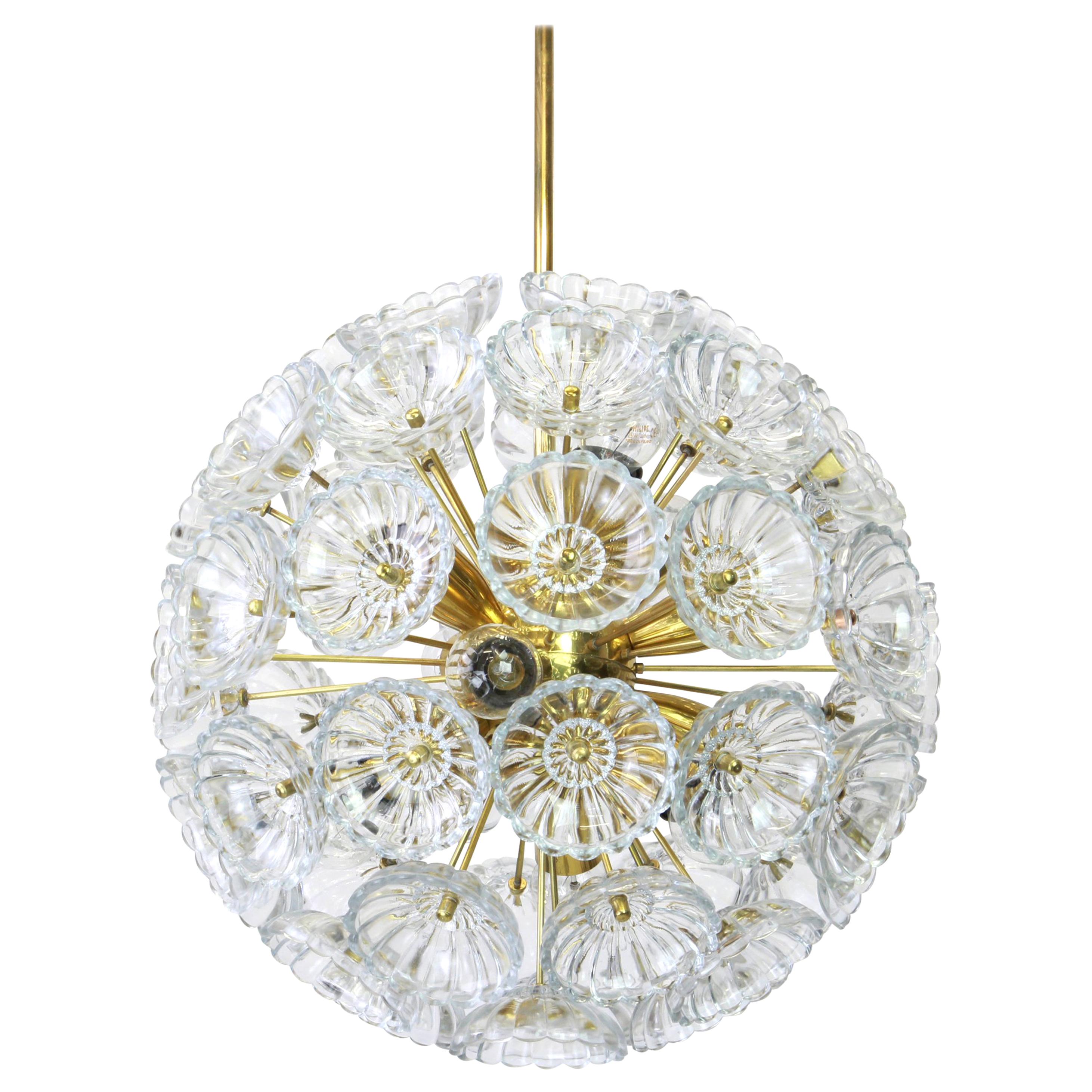 1 of 2 Stunning Floral Glass and Brass Sputnik Chandeliers, Germany, 1960s For Sale