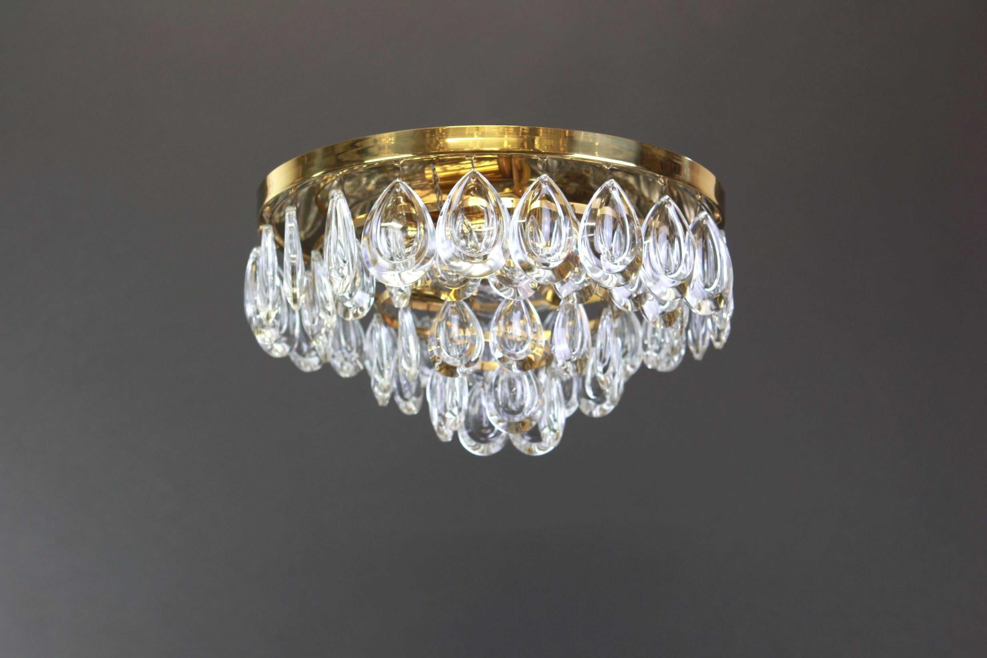 Mid-Century Modern 1 of 2 Stunning Flushmount, Brass and Crystal Glass by Palwa, Germany, 1970