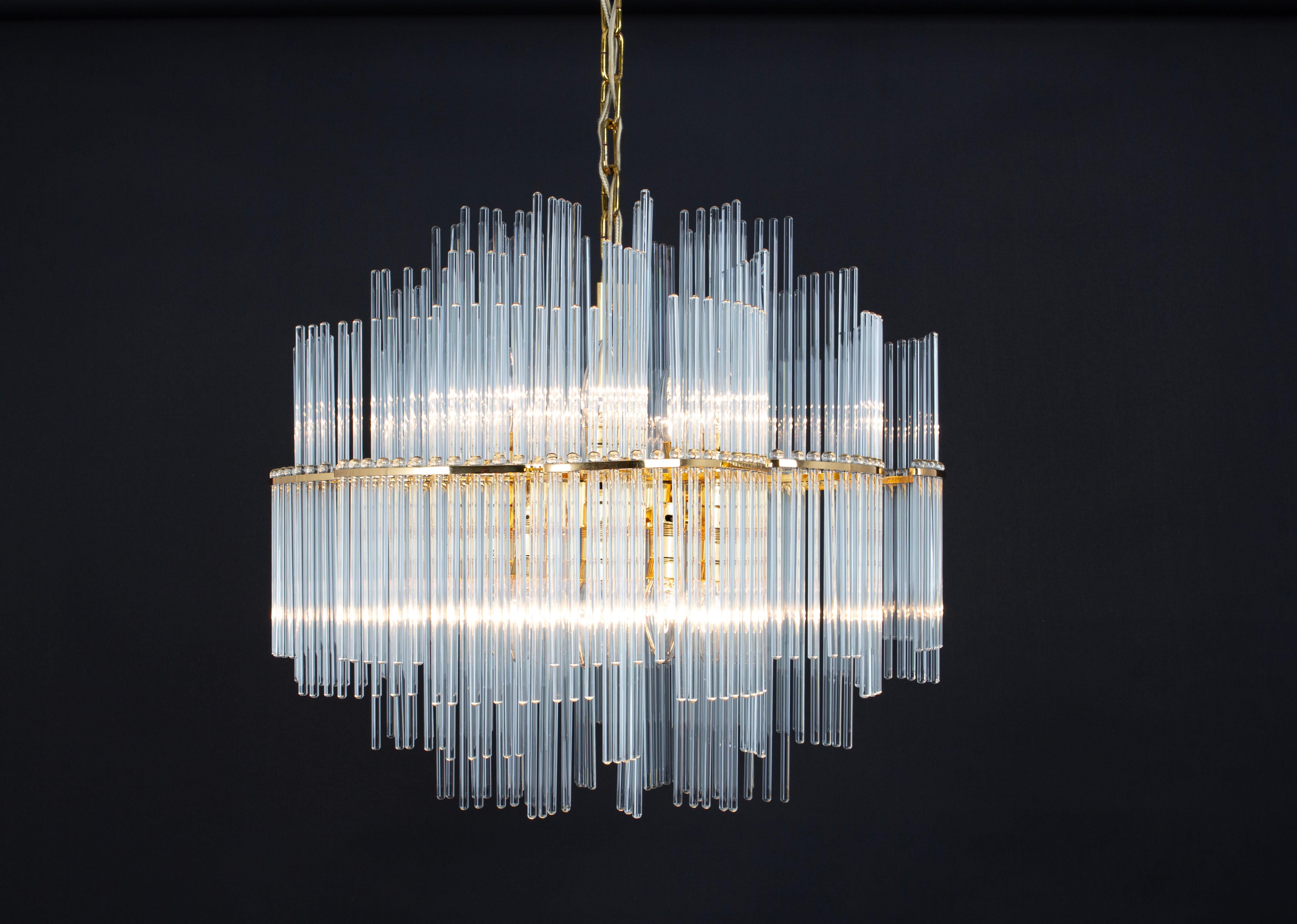 1 of 2 Stunning Gilt Brass and Crystal Glass Rods Chandelier by Palwa, 1970s For Sale 3