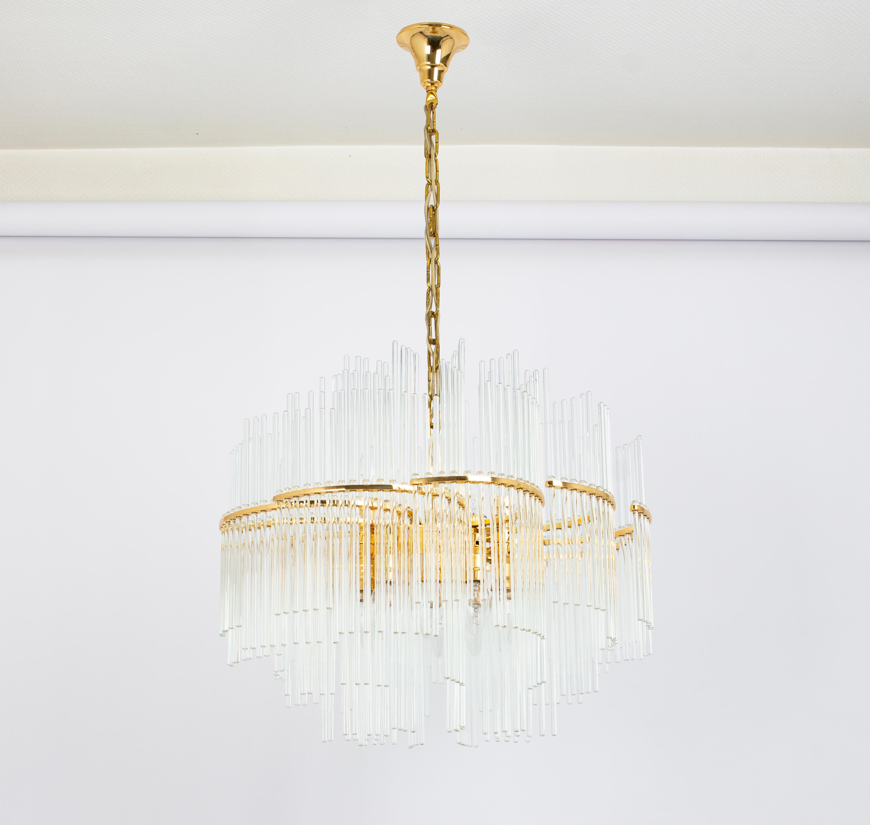 Mid-Century Modern 1 of 2 Stunning Gilt Brass and Crystal Glass Rods Chandelier by Palwa, 1970s For Sale