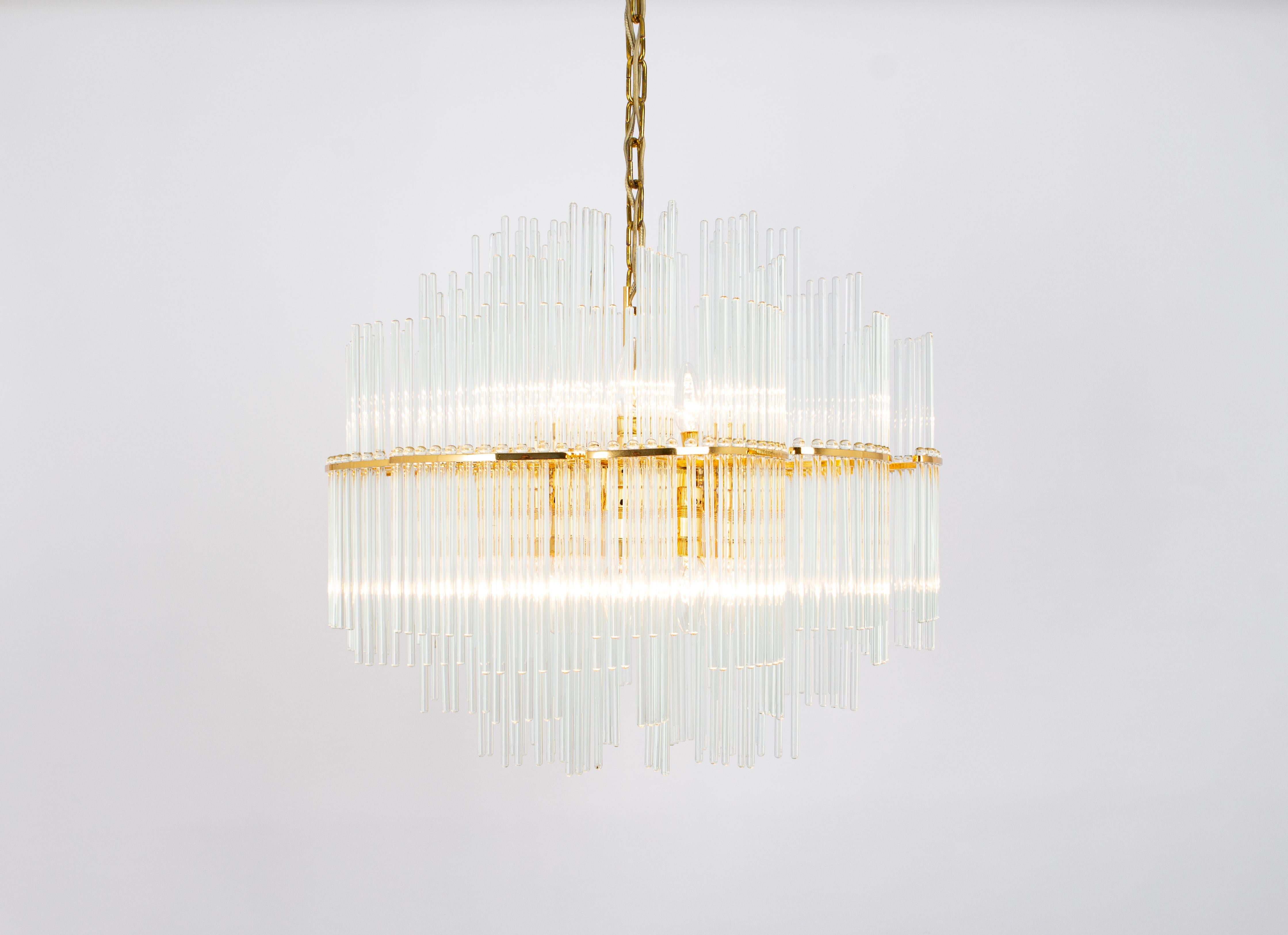 German 1 of 2 Stunning Gilt Brass and Crystal Glass Rods Chandelier by Palwa, 1970s For Sale