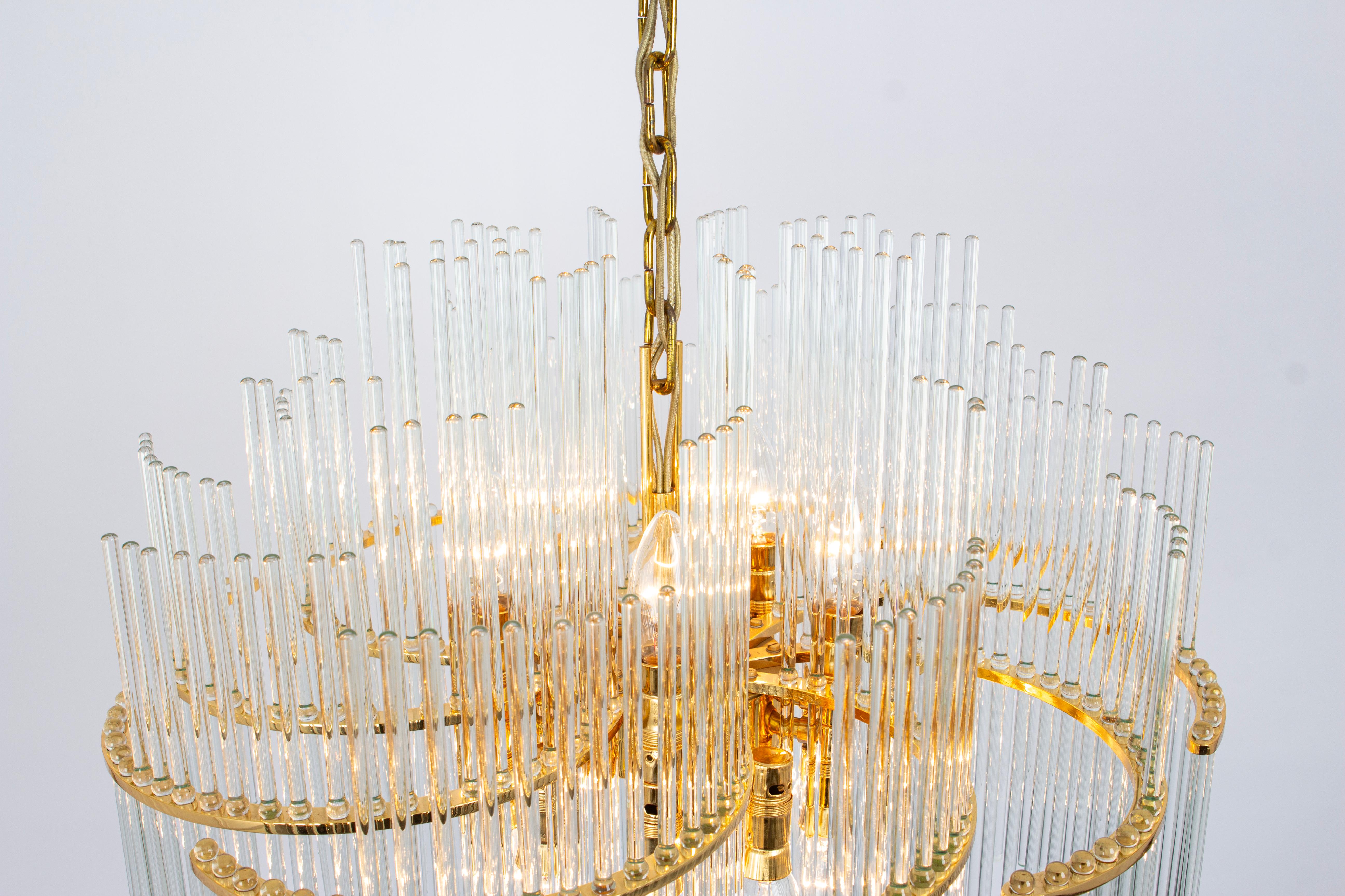 1 of 2 Stunning Gilt Brass and Crystal Glass Rods Chandelier by Palwa, 1970s In Good Condition For Sale In Aachen, NRW