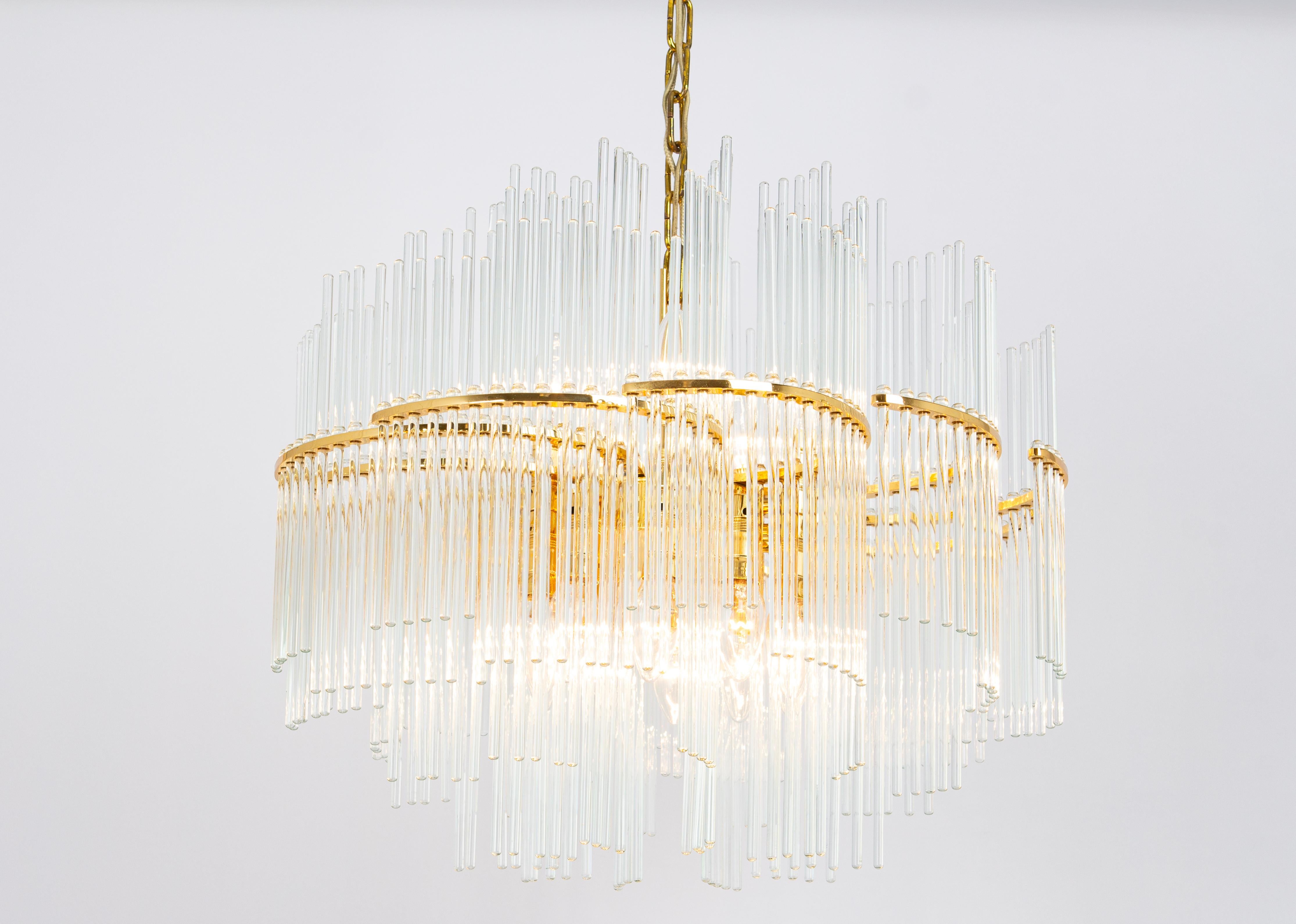 Gold Plate 1 of 2 Stunning Gilt Brass and Crystal Glass Rods Chandelier by Palwa, 1970s For Sale