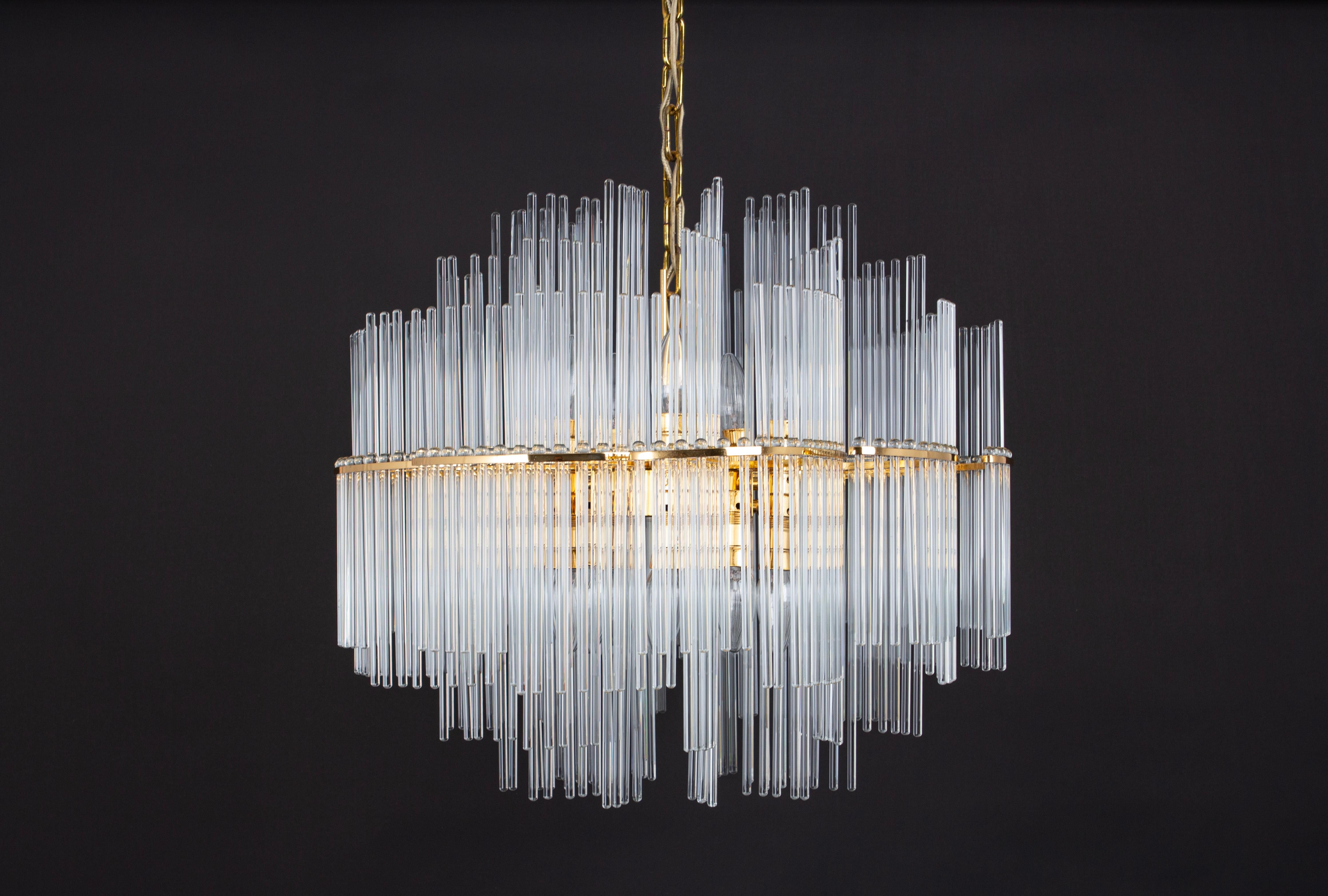 1 of 2 Stunning Gilt Brass and Crystal Glass Rods Chandelier by Palwa, 1970s For Sale 2