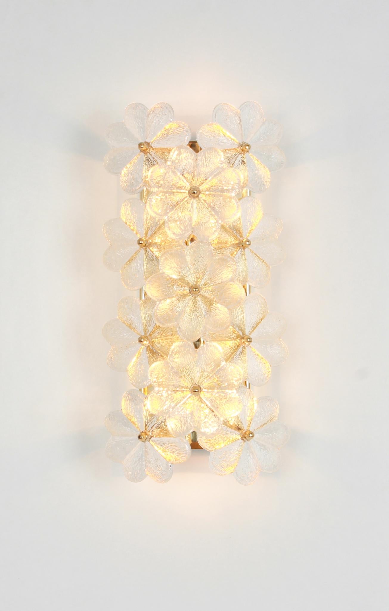 Mid-Century Modern 1 de 2 superbes appliques à fleurs en verre de Murano par Ernst Palme, Allemagne, années 1970 en vente