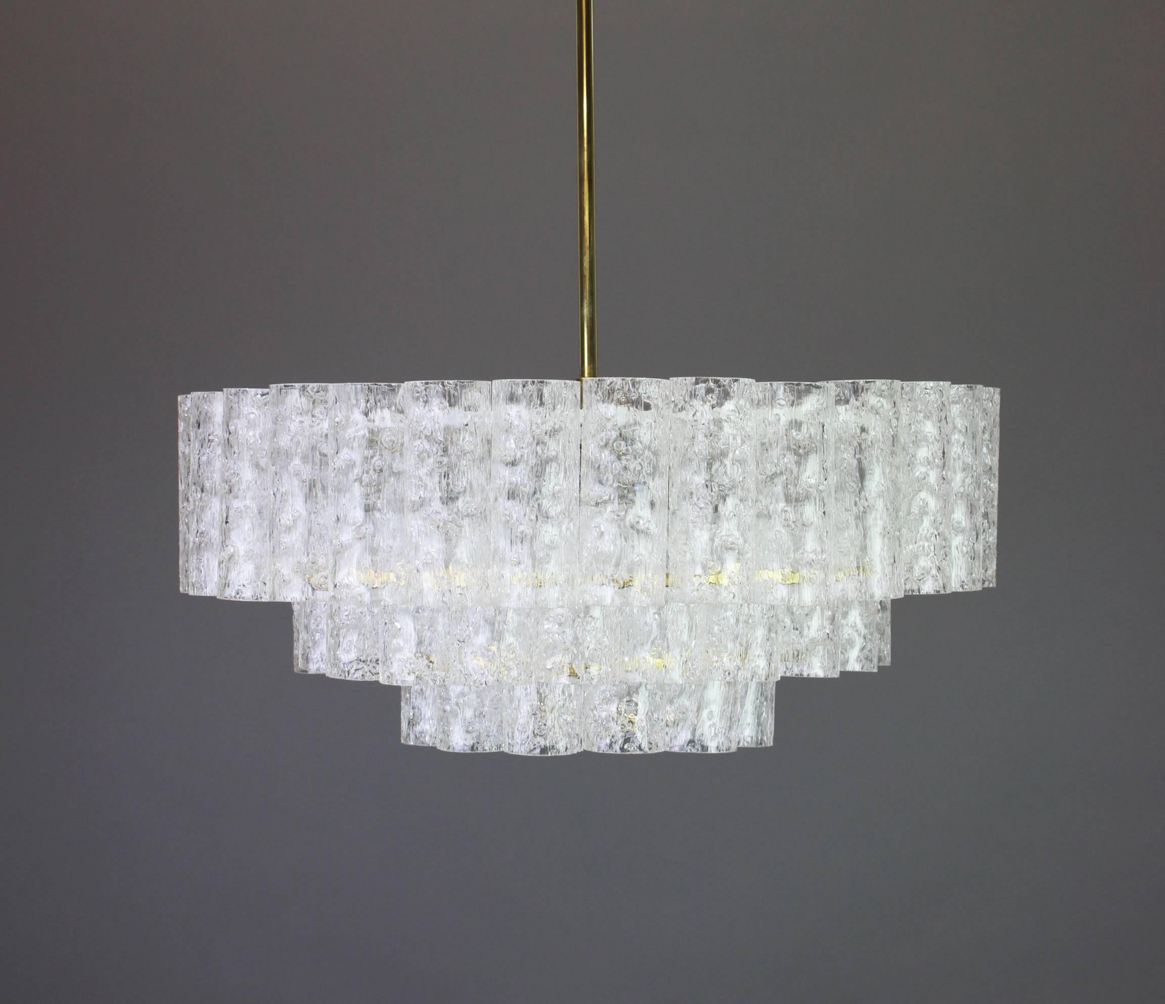 Brass 1 of 2 Stunning Murano Ice Glass Tubes Chandelier by Doria, Germany, 1960s For Sale