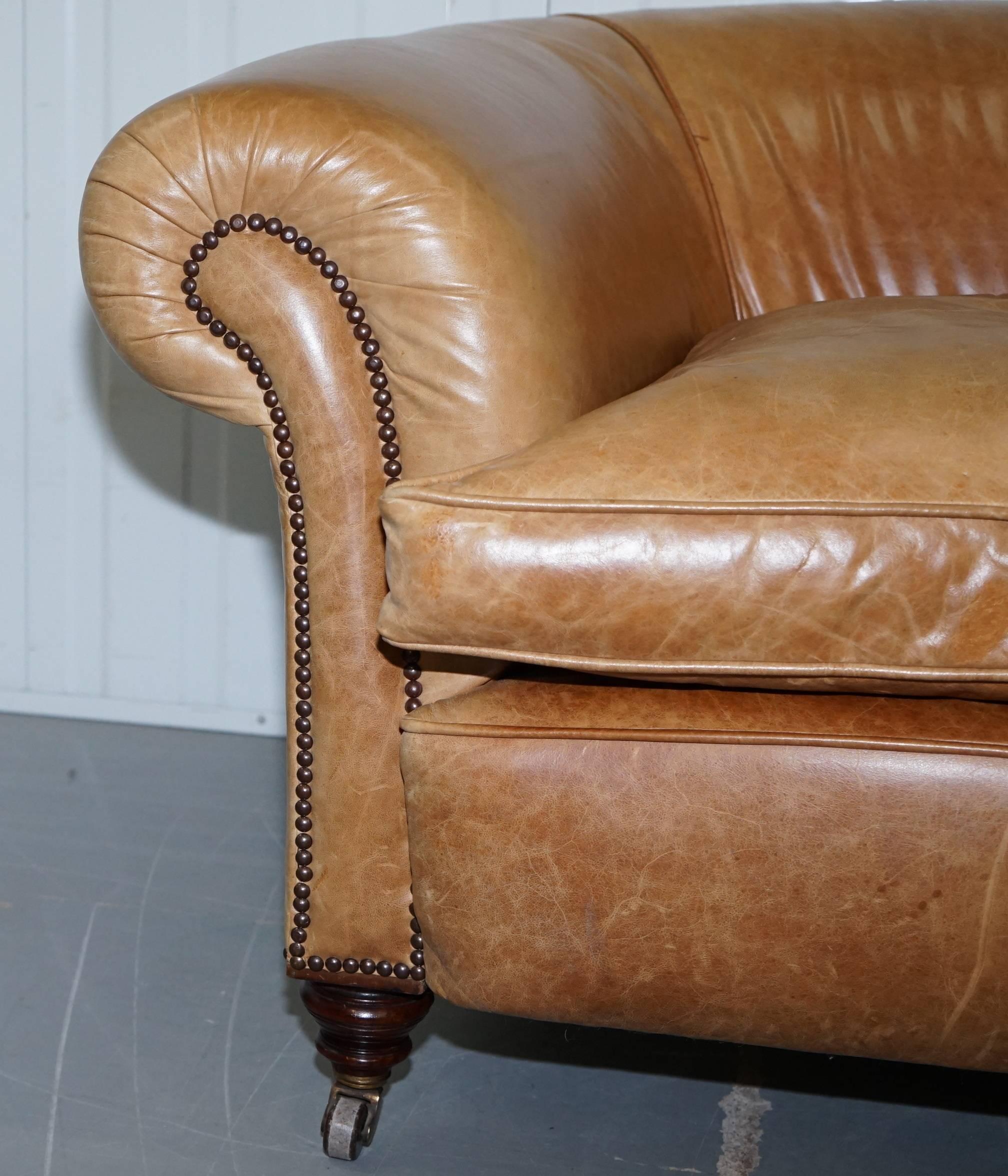 1 of 2 Victorian Brown Leather Sofas Stamped Back Leg Coil Sprung Feather Filled 4