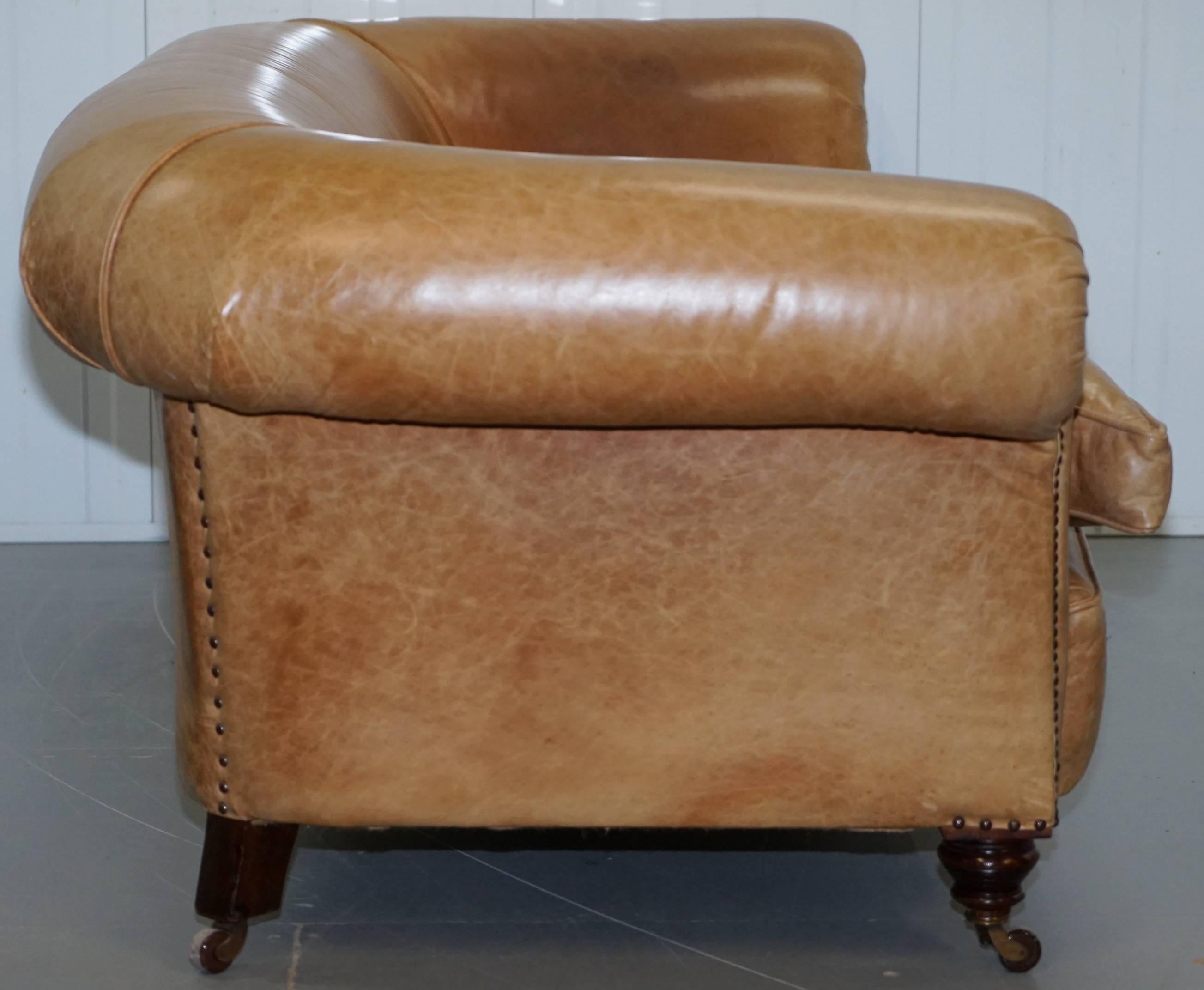 1 of 2 Victorian Brown Leather Sofas Stamped Back Leg Coil Sprung Feather Filled 5