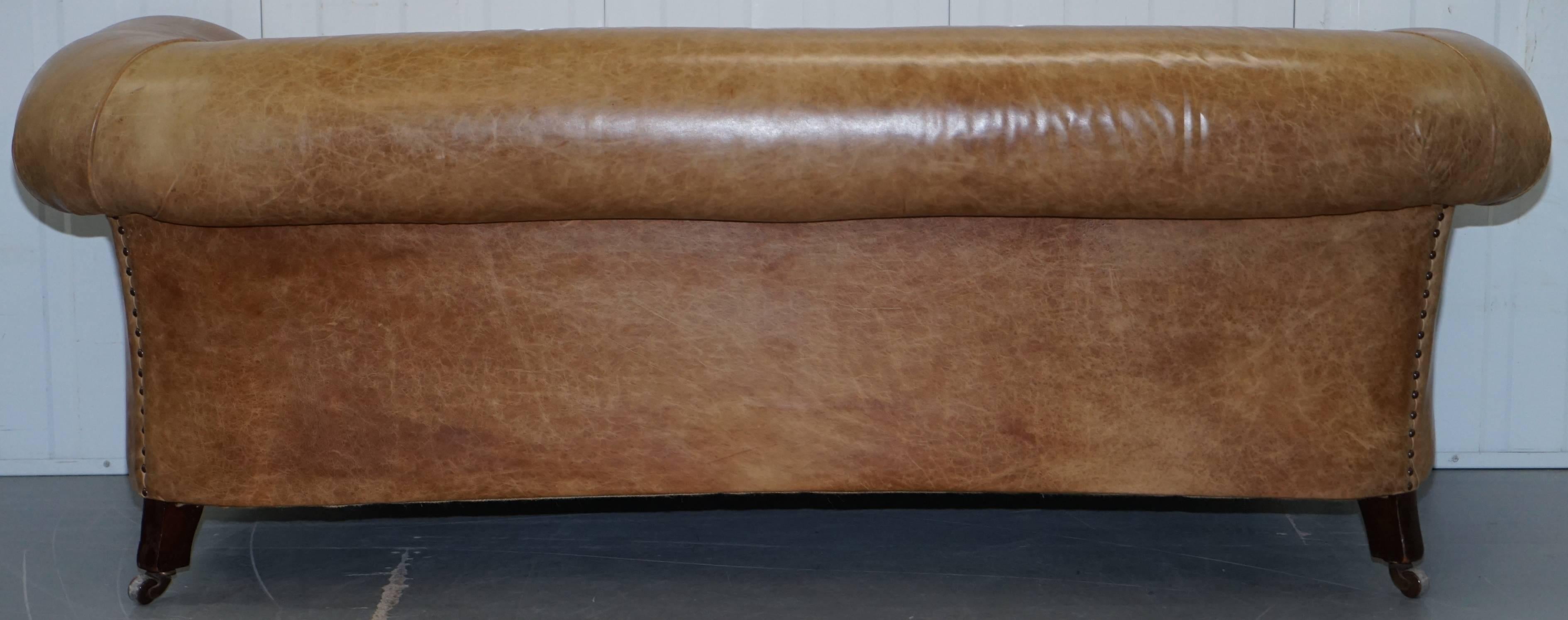 1 of 2 Victorian Brown Leather Sofas Stamped Back Leg Coil Sprung Feather Filled 6