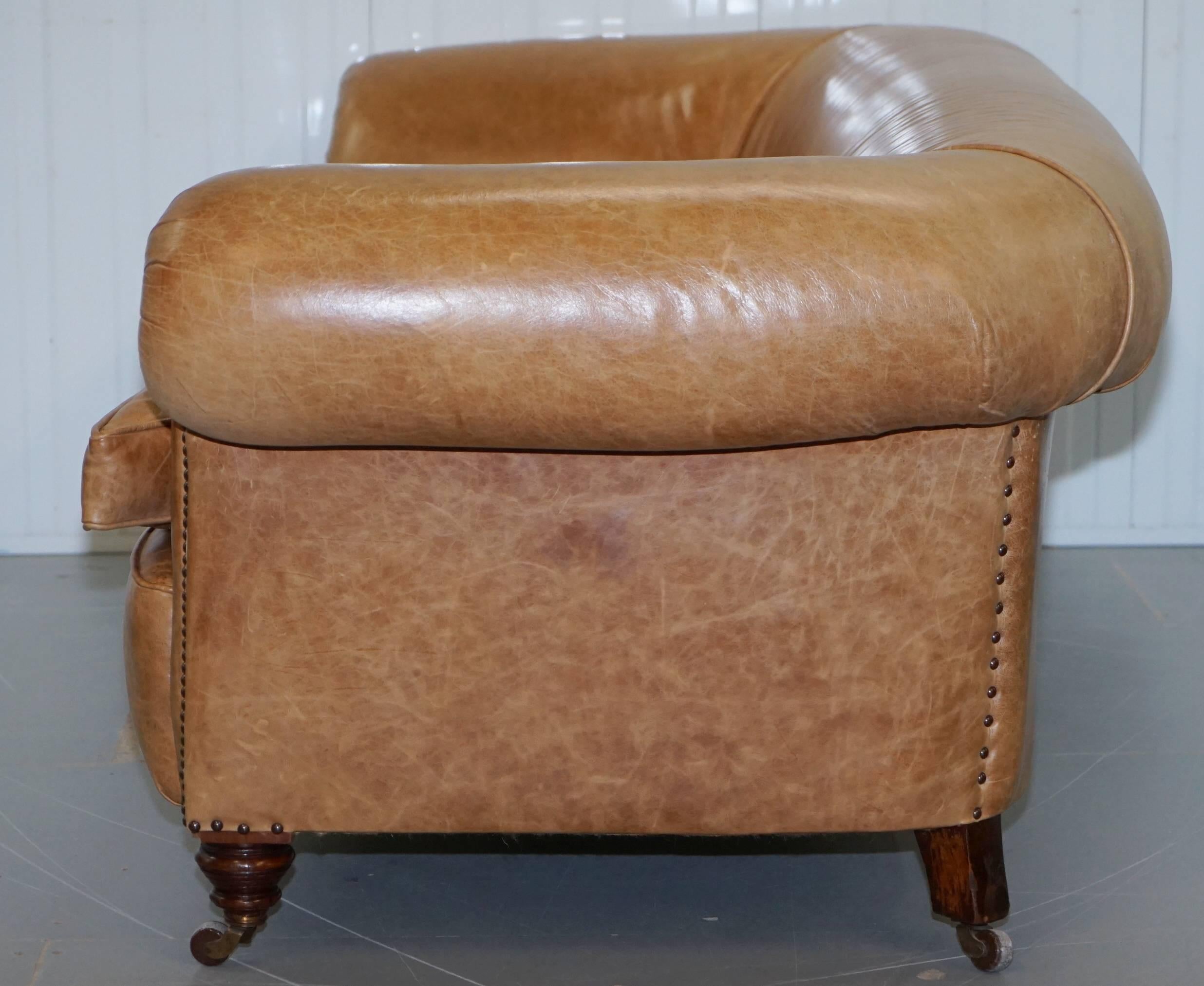 1 of 2 Victorian Brown Leather Sofas Stamped Back Leg Coil Sprung Feather Filled 7
