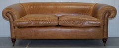 1 of 2 Victorian Brown Leather Sofas Stamped Back Leg Coil Sprung Feather Filled