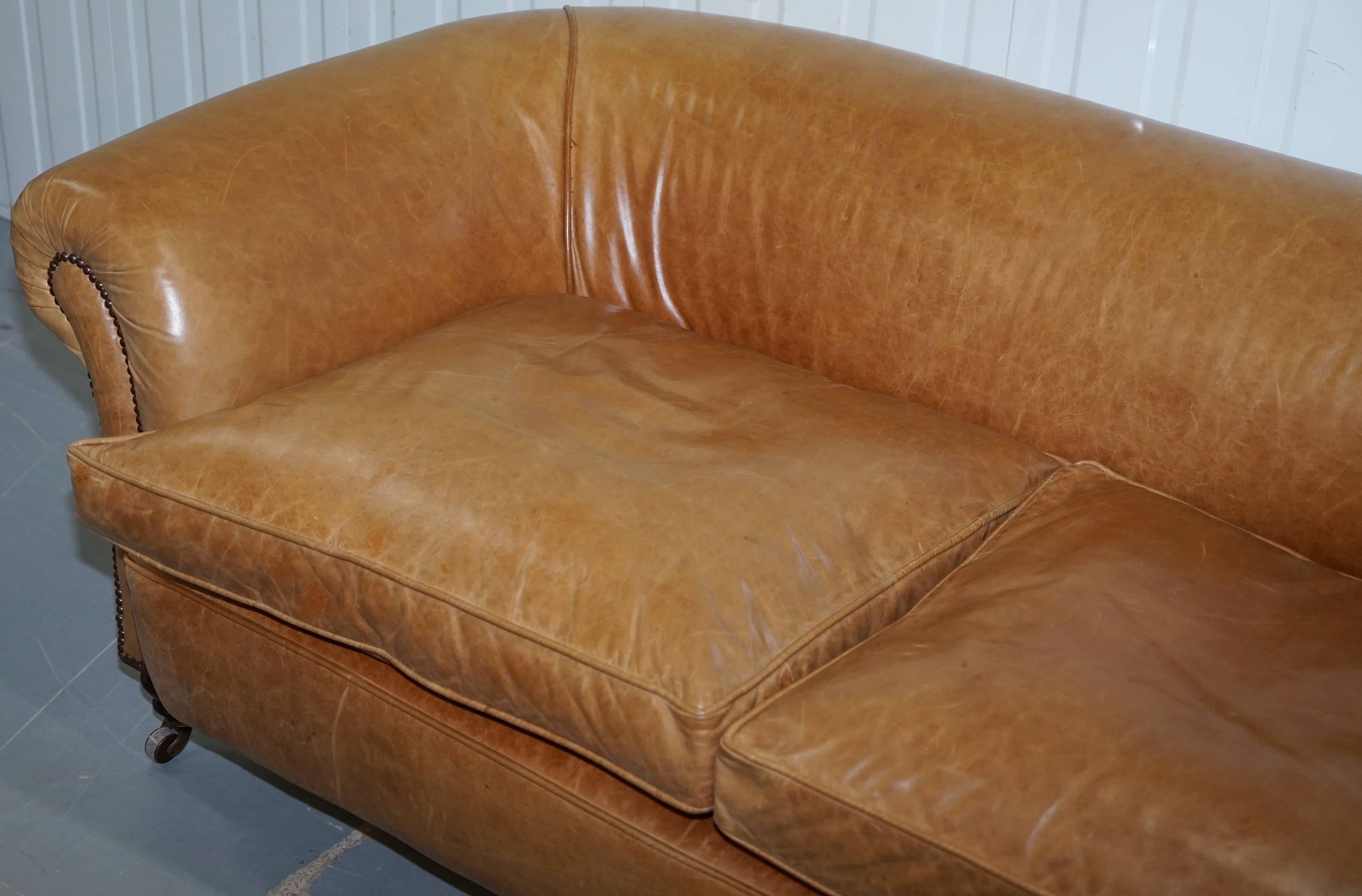 British 1 of 2 Victorian Brown Leather Sofas Stamped Back Leg Coil Sprung Feather Filled