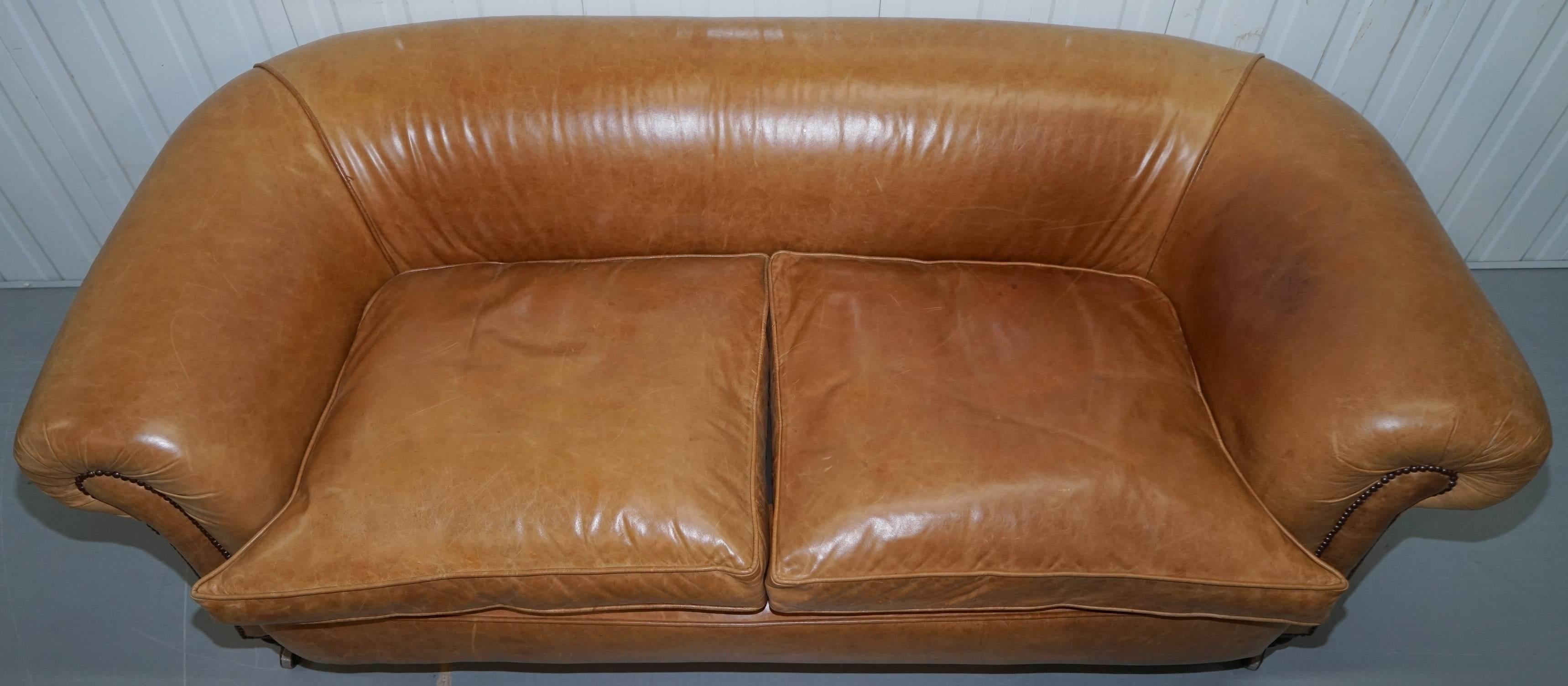 Hand-Carved 1 of 2 Victorian Brown Leather Sofas Stamped Back Leg Coil Sprung Feather Filled