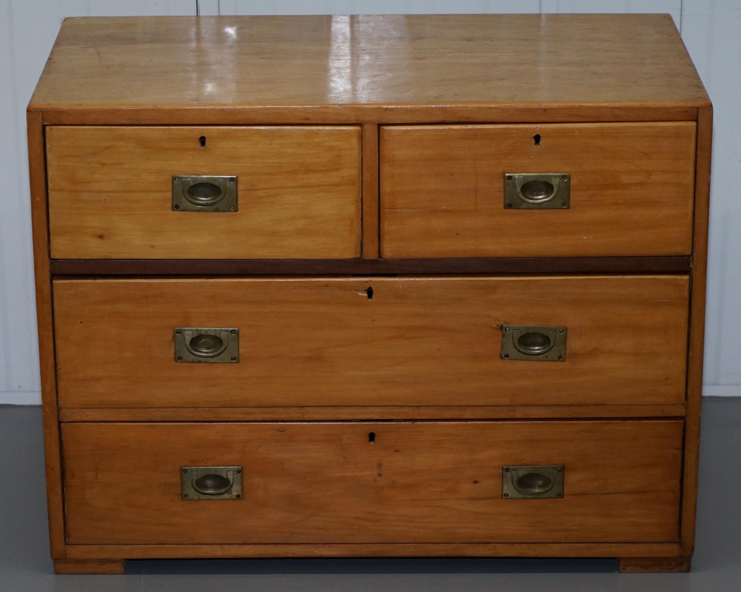 We are delighted to offer for sale one of two circa 1950’s Military Campaign chests of drawers

A very good looking and well made piece in light mahogany wood, I have one other the same model listed under my other items slightly smaller and in