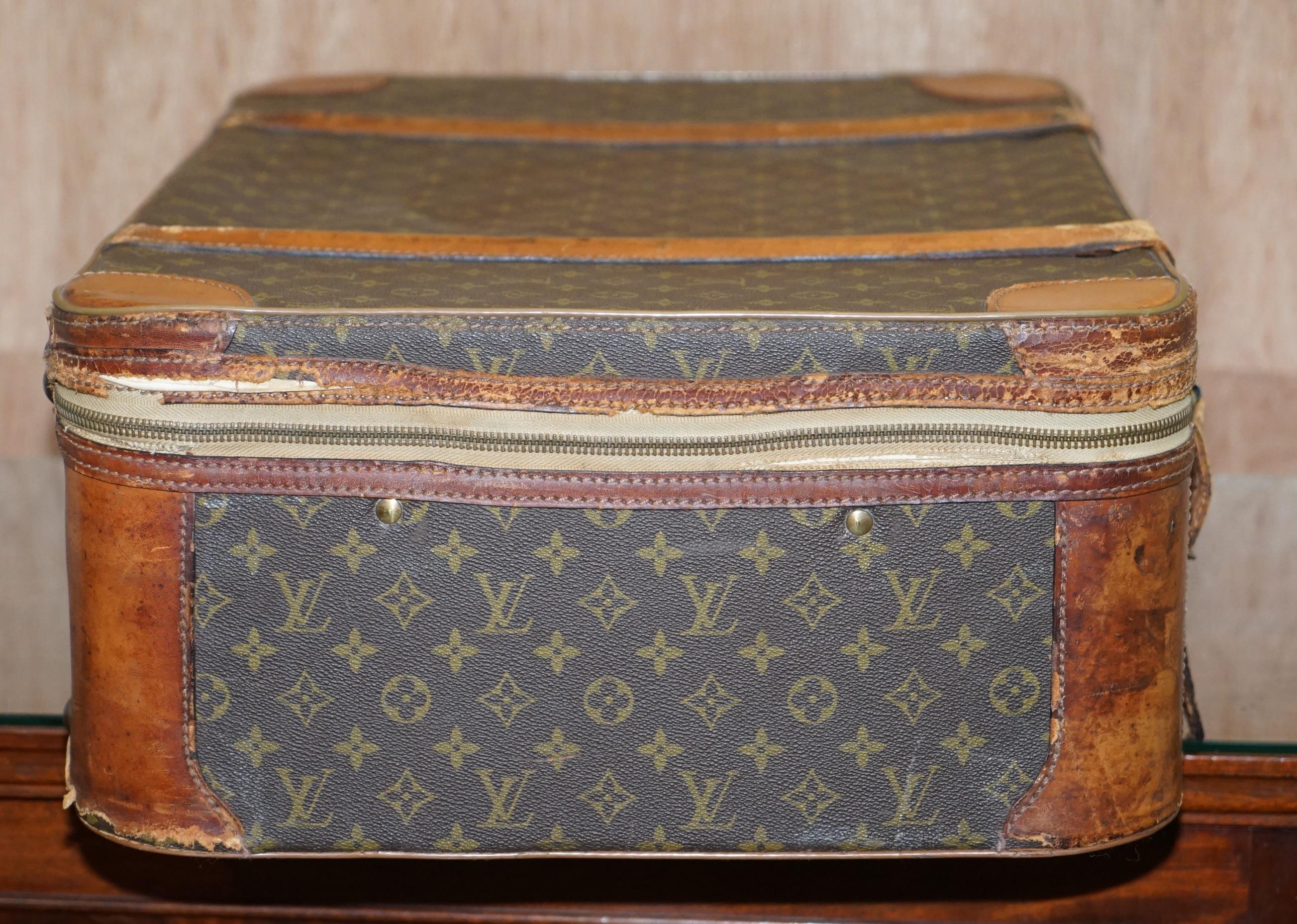 1 of 2 Vintage Brown Leather Louis Vuitton Strapped Bronze Monogram Suitcases 4