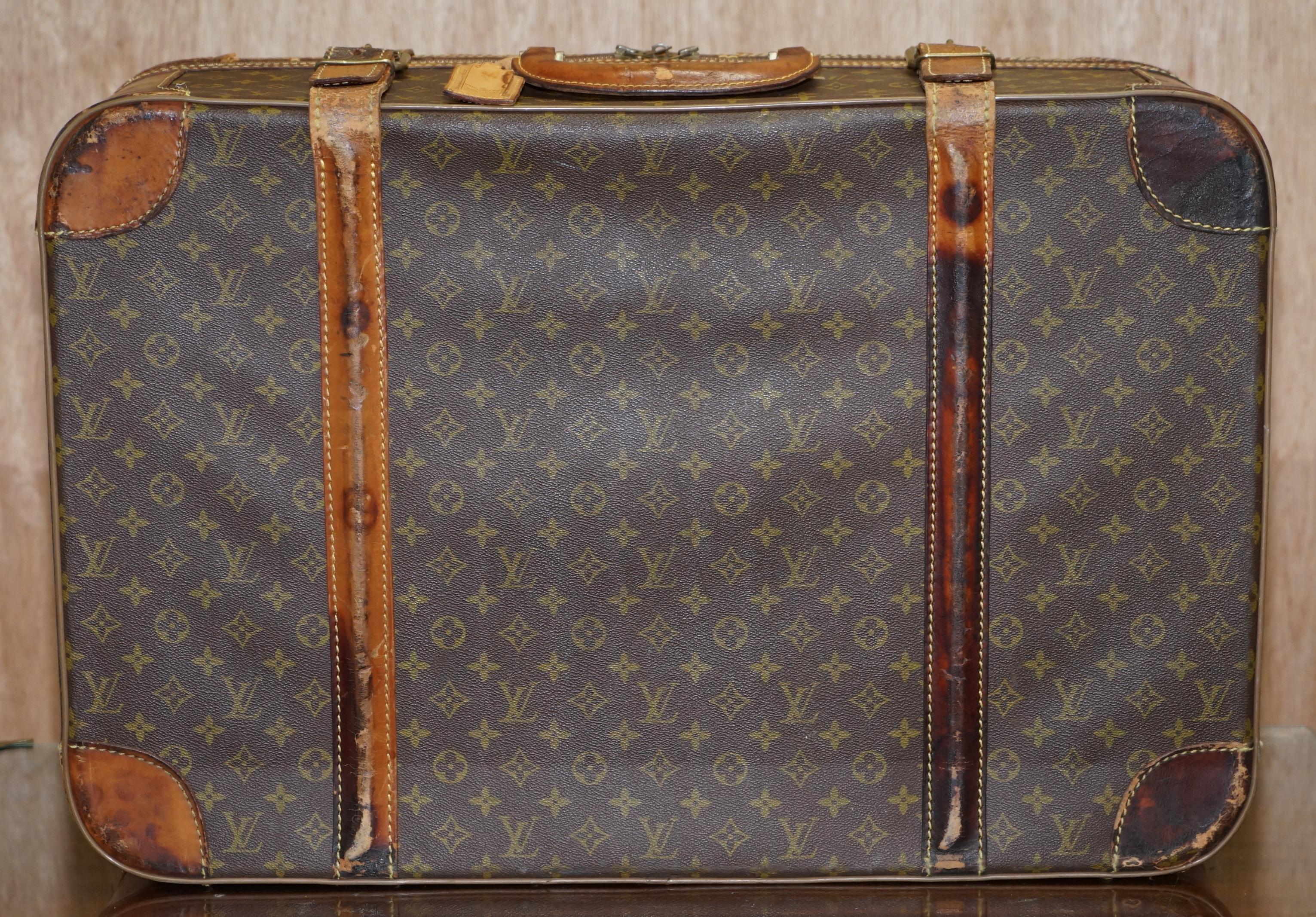 1 of 2 Vintage Brown Leather Louis Vuitton Strapped Bronze Monogram Suitcases 5