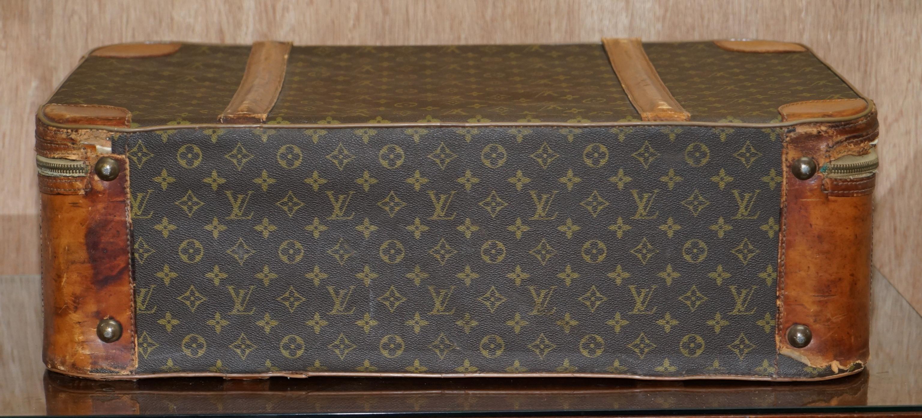 1 of 2 Vintage Brown Leather Louis Vuitton Strapped Bronze Monogram Suitcases 5