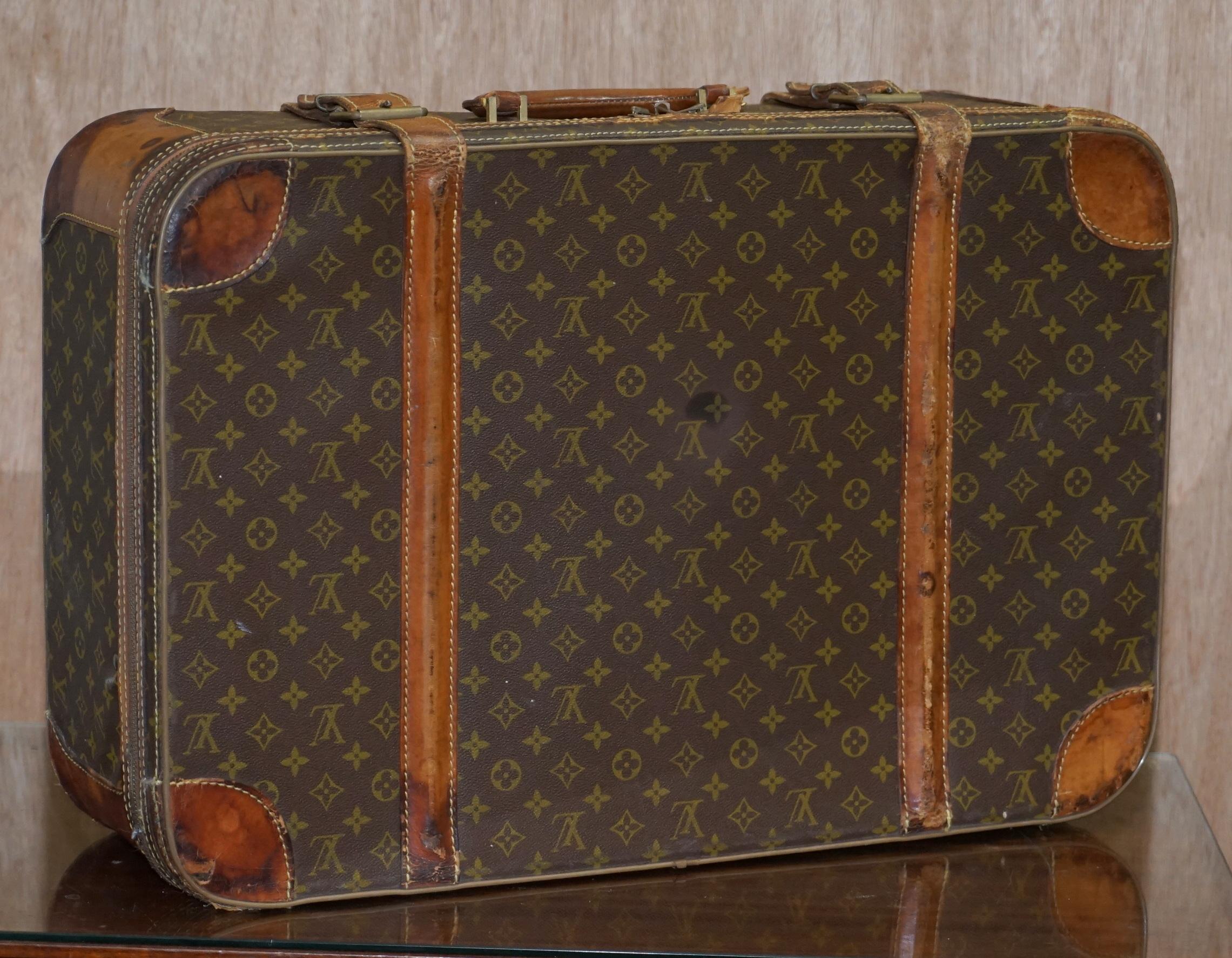 1 of 2 Vintage Brown Leather Louis Vuitton Strapped Bronze Monogram Suitcases 6