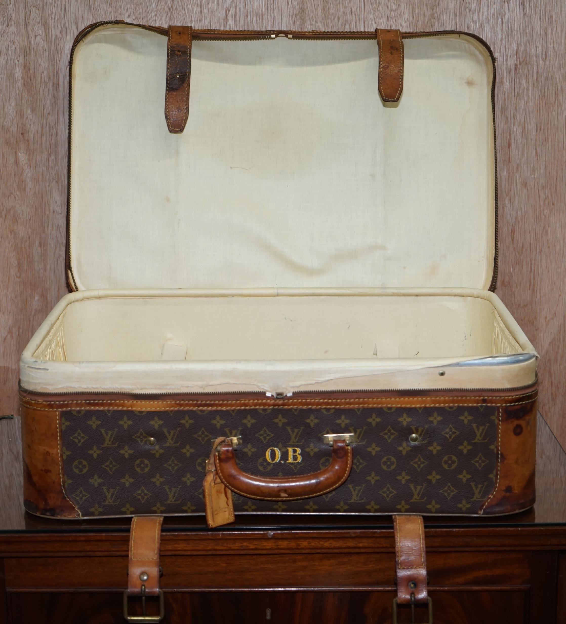 1 of 2 Vintage Brown Leather Louis Vuitton Strapped Bronze Monogram Suitcases 7