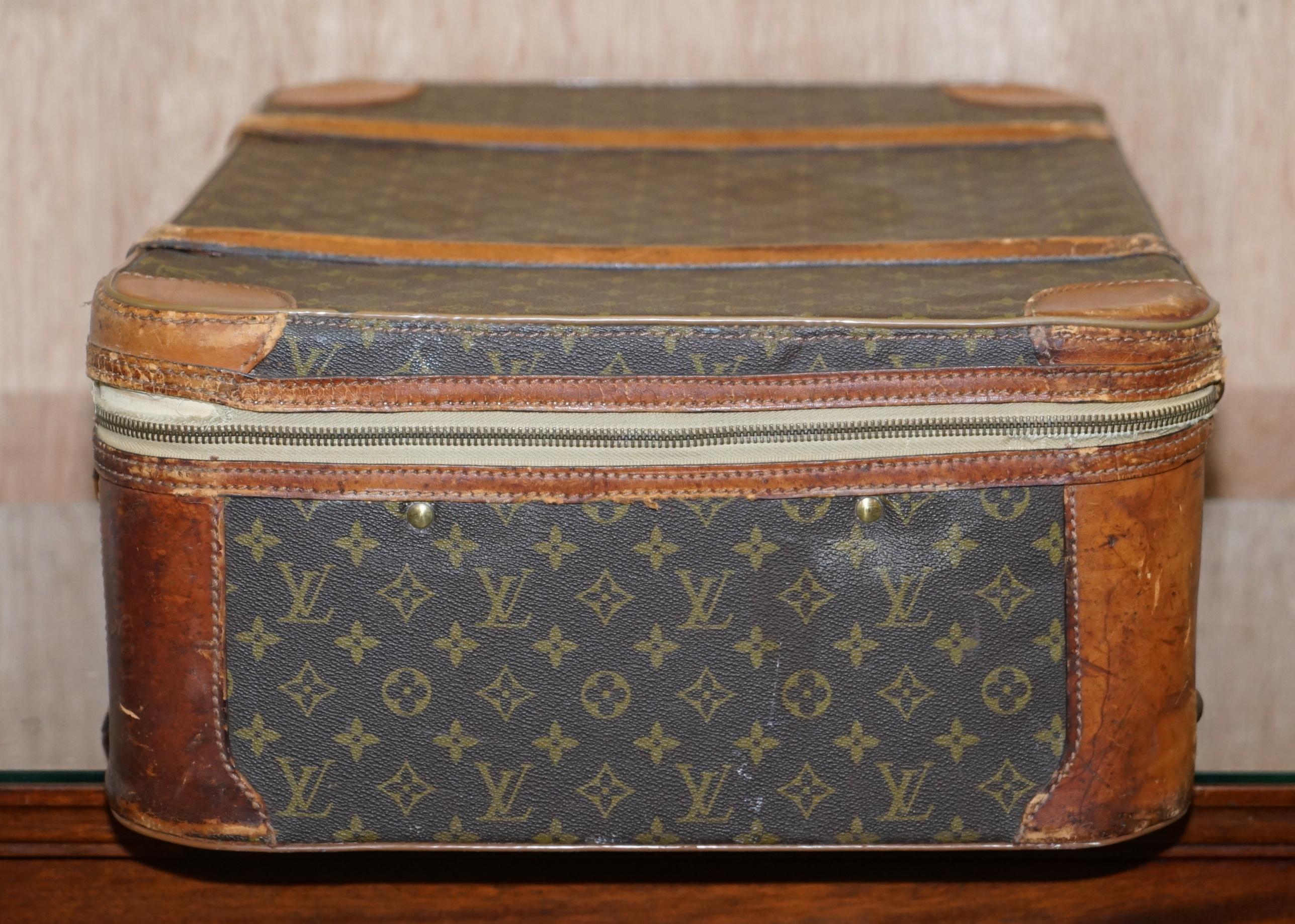 1 of 2 Vintage Brown Leather Louis Vuitton Strapped Bronze Monogram Suitcases 8