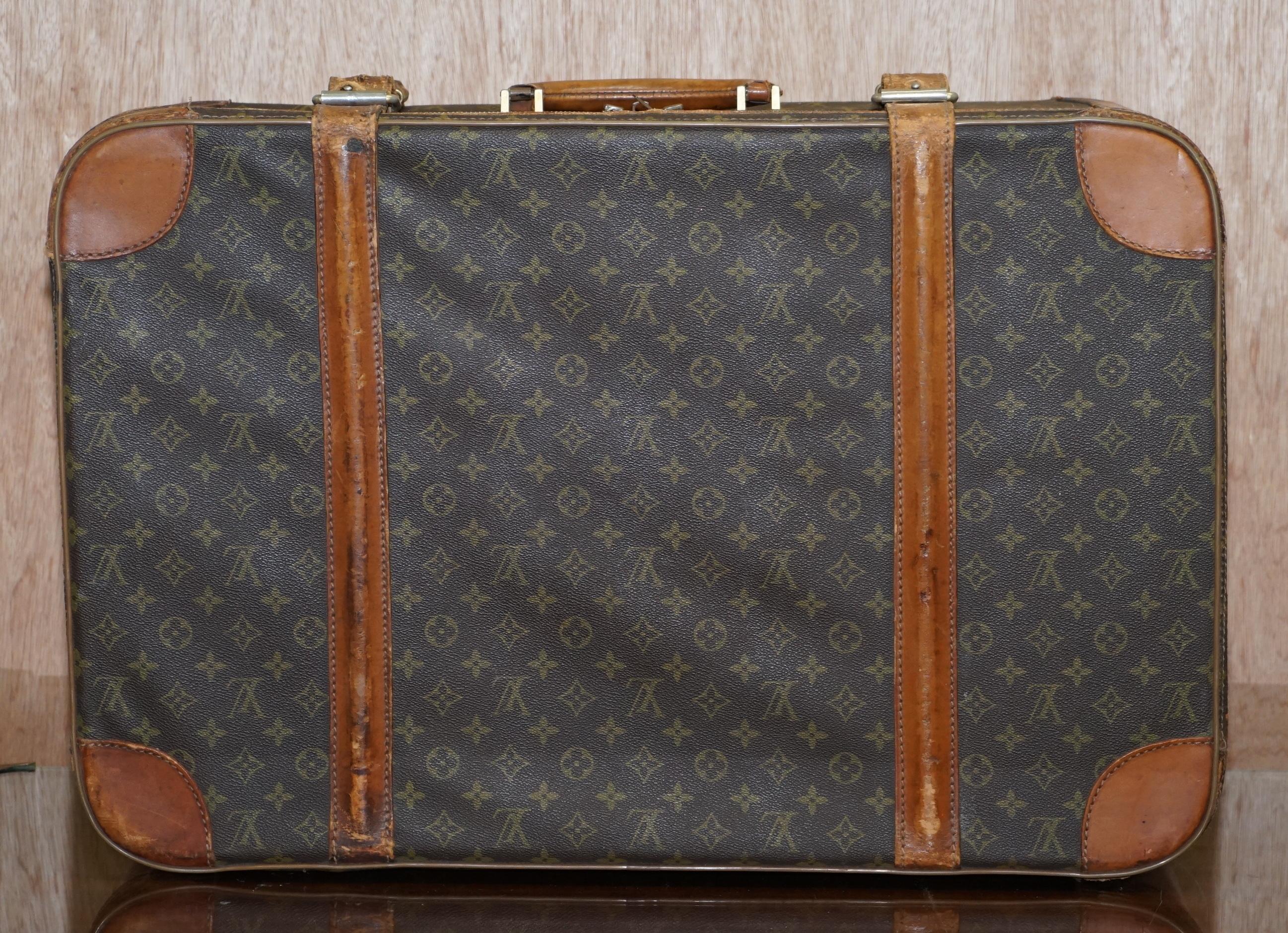1 of 2 Vintage Brown Leather Louis Vuitton Strapped Bronze Monogram Suitcases 9