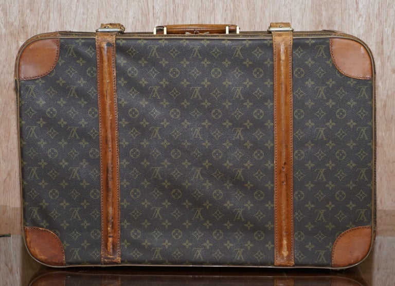 1 of 2 Vintage Brown Leather Louis Vuitton Strapped Bronze Monogram Suitcases For Sale 8