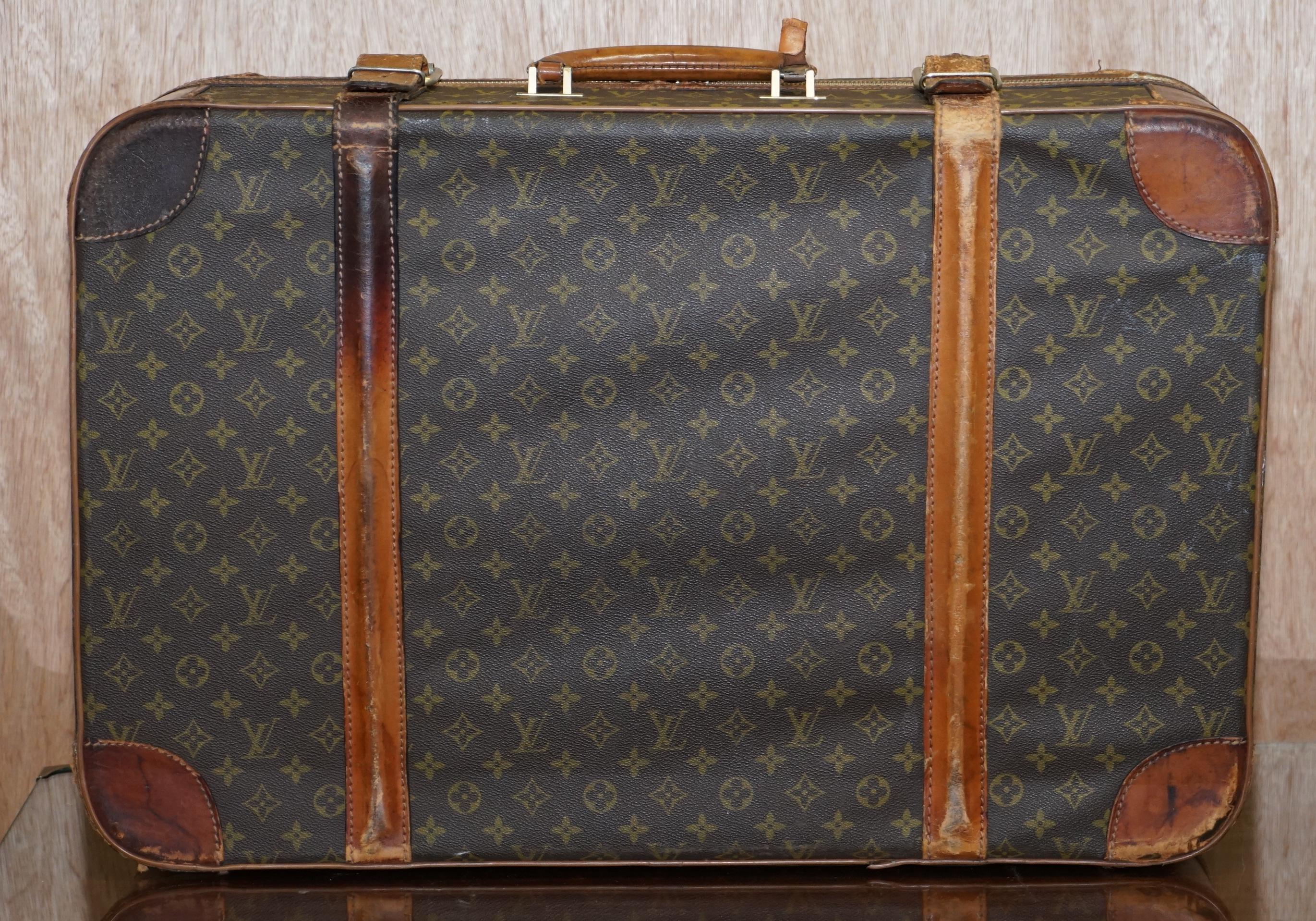1 of 2 Vintage Brown Leather Louis Vuitton Strapped Bronze Monogram Suitcases 10