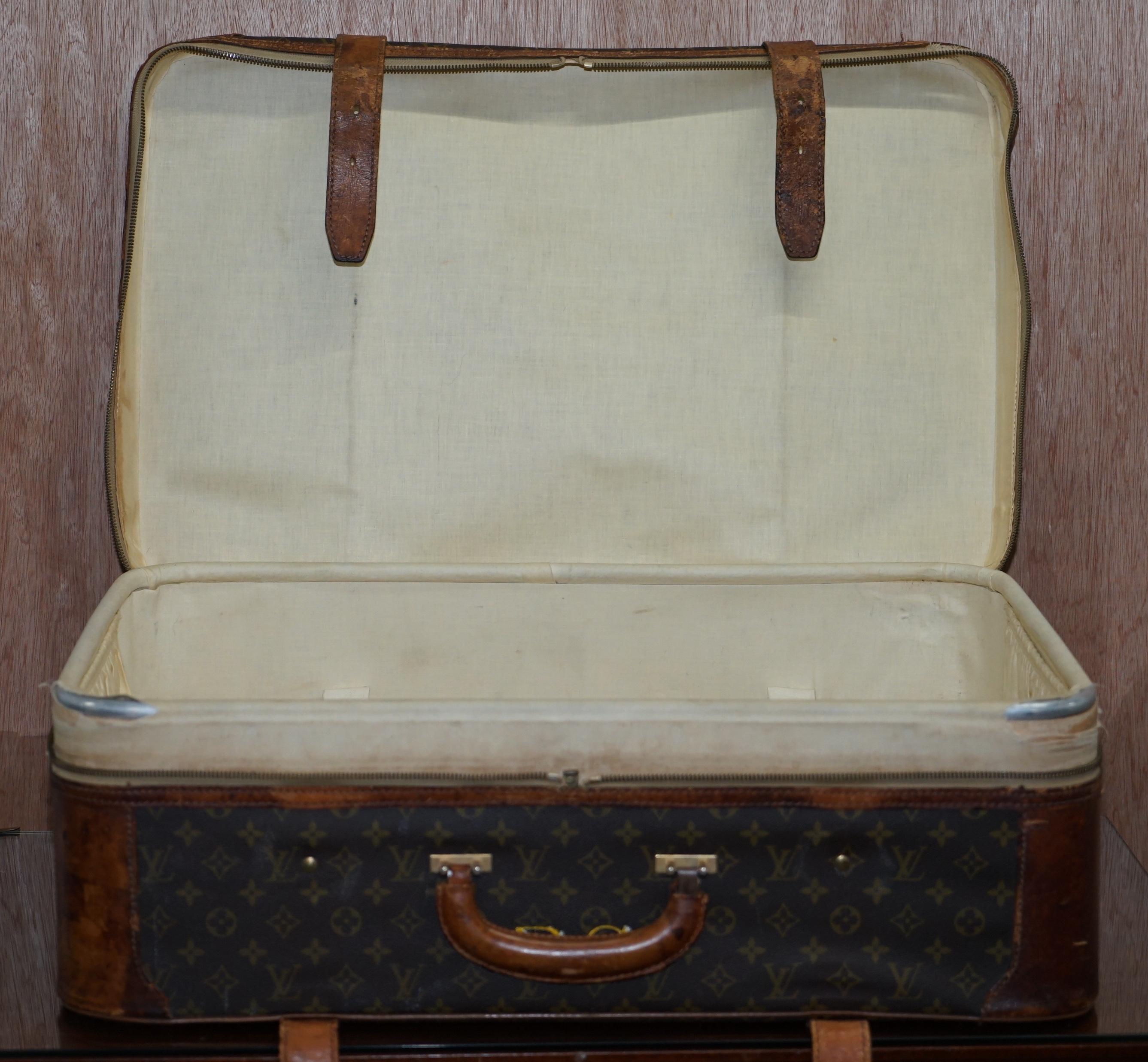 1 of 2 Vintage Brown Leather Louis Vuitton Strapped Bronze Monogram Suitcases 11
