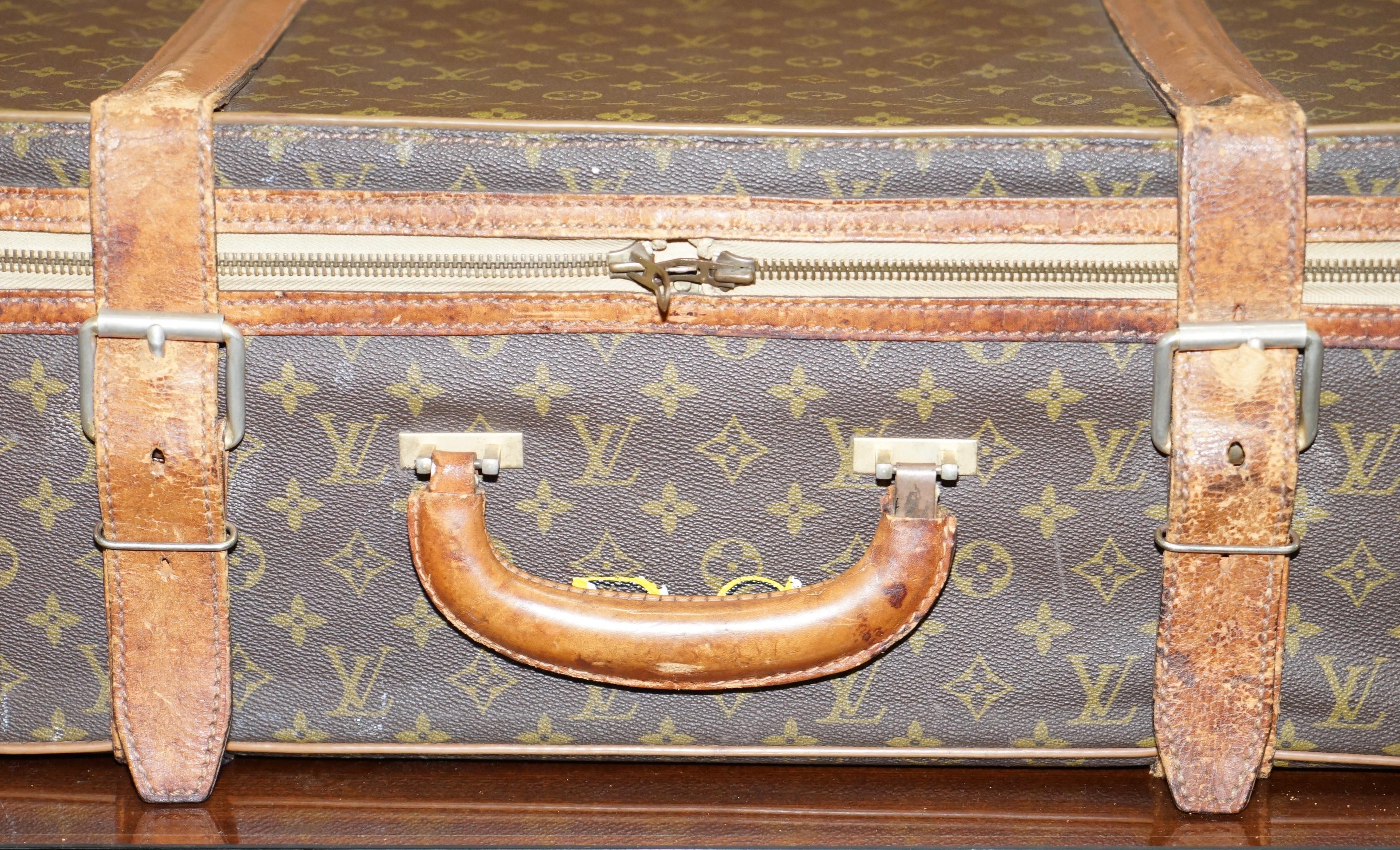 Modern 1 of 2 Vintage Brown Leather Louis Vuitton Strapped Bronze Monogram Suitcases