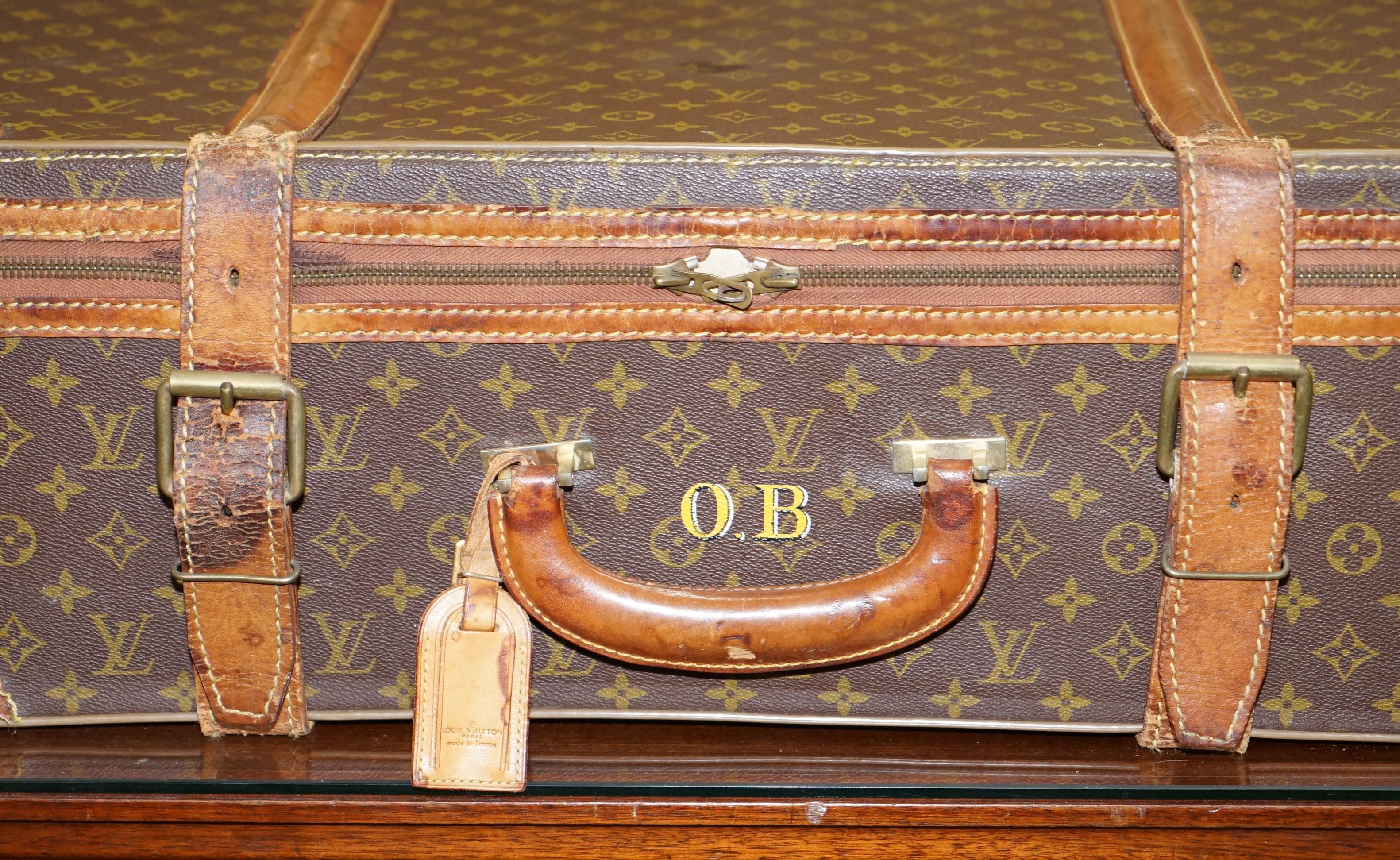 French 1 of 2 Vintage Brown Leather Louis Vuitton Strapped Bronze Monogram Suitcases