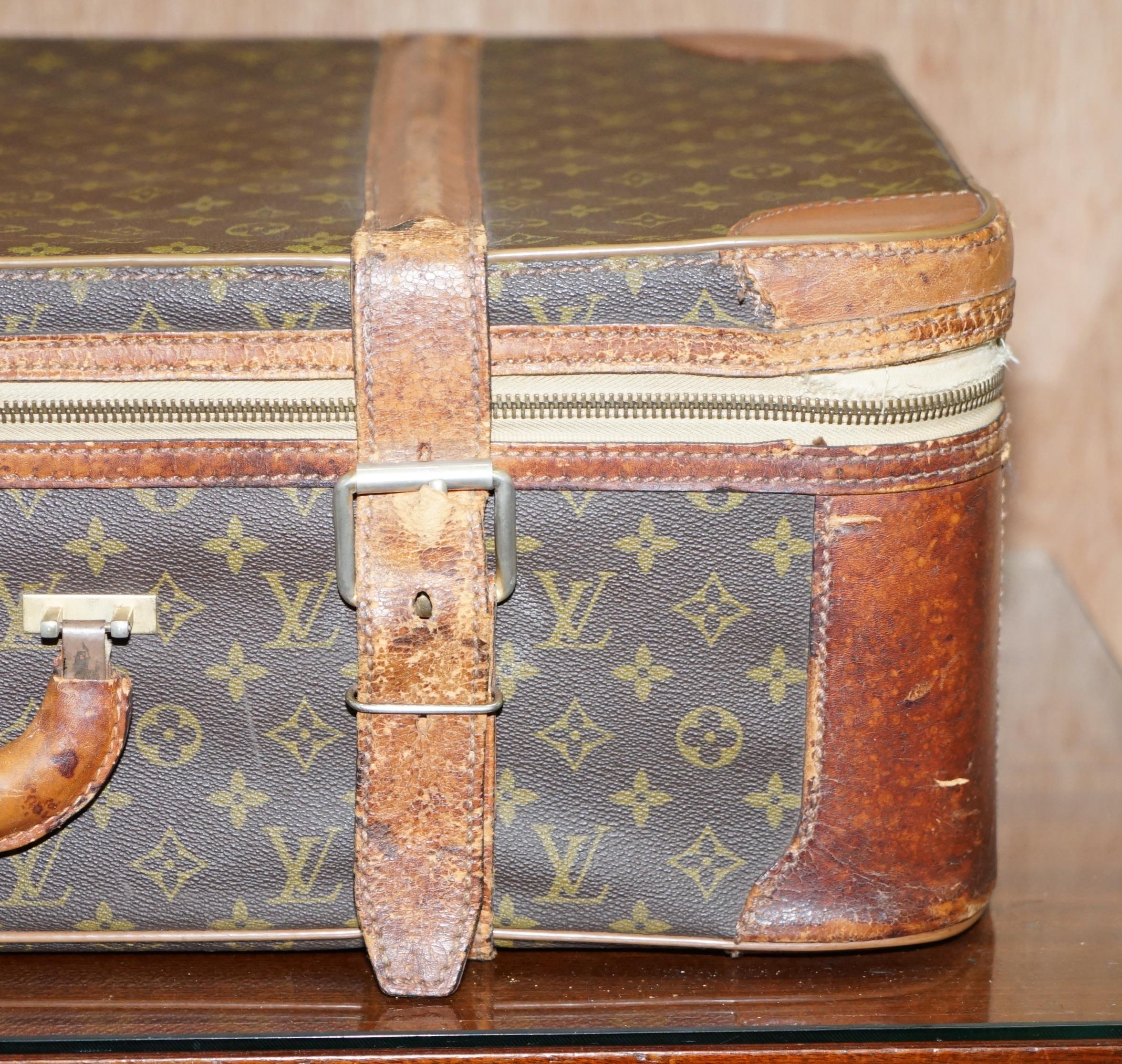 French 1 of 2 Vintage Brown Leather Louis Vuitton Strapped Bronze Monogram Suitcases