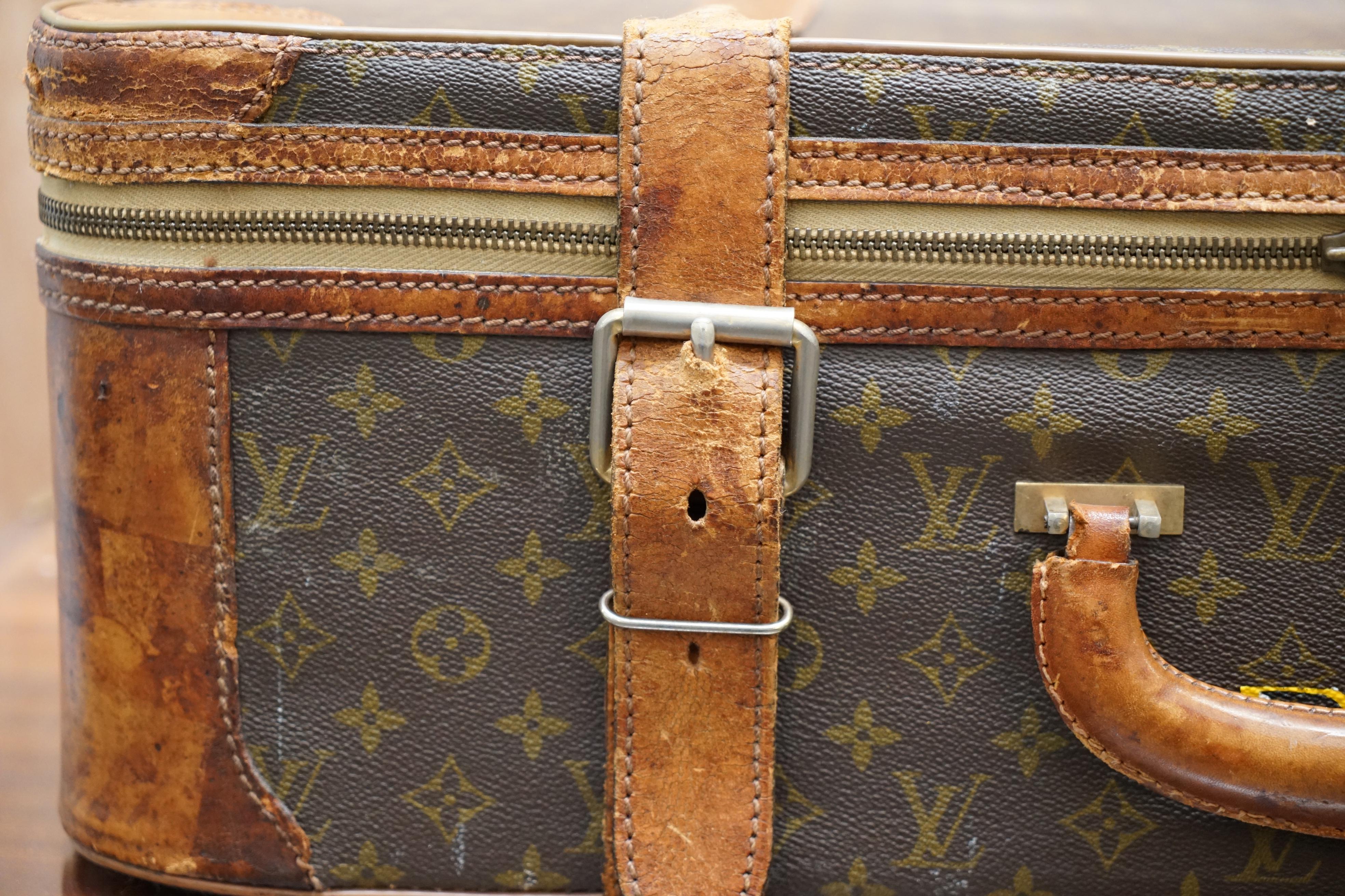 Hand-Crafted 1 of 2 Vintage Brown Leather Louis Vuitton Strapped Bronze Monogram Suitcases