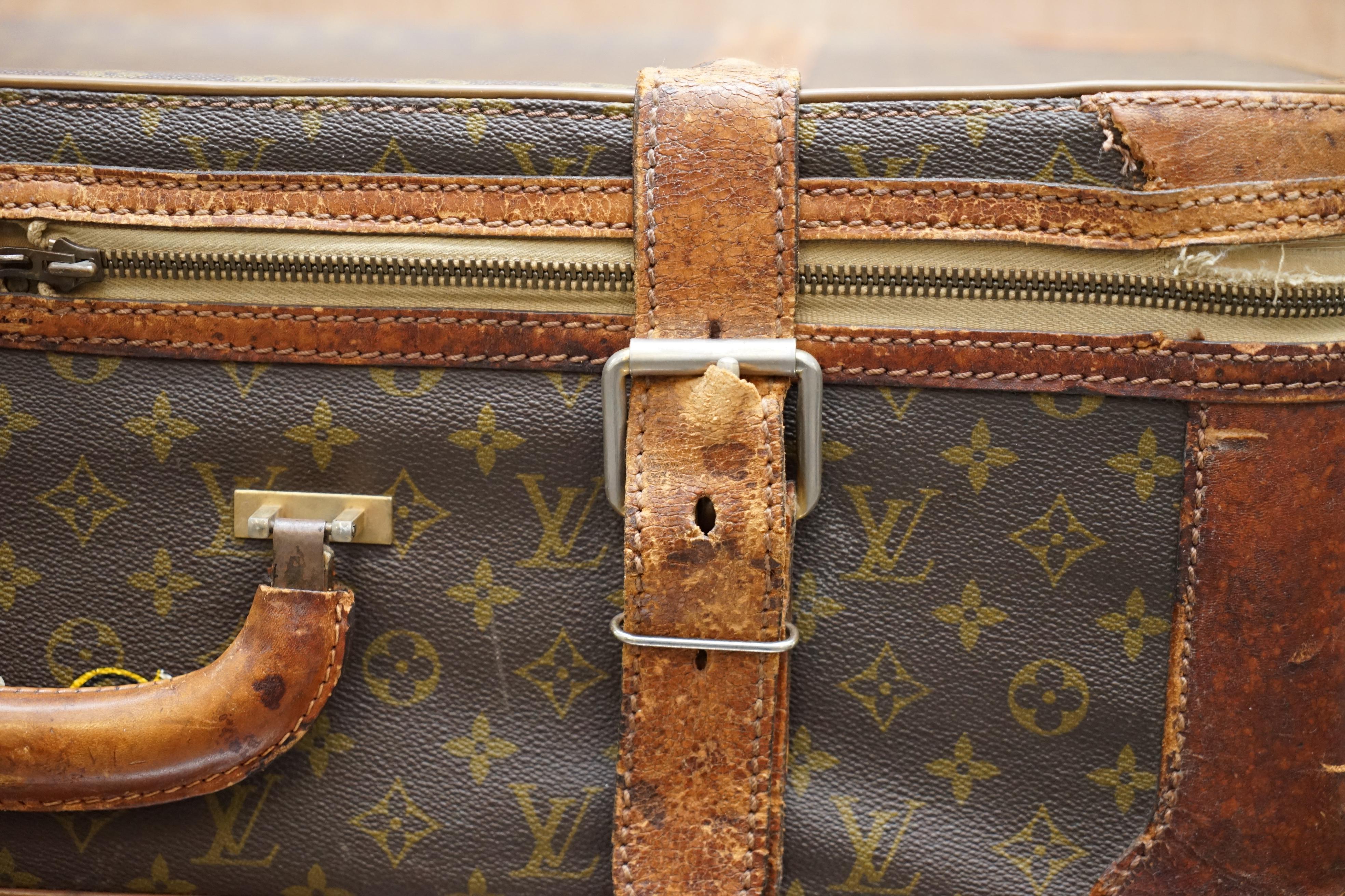 20th Century 1 of 2 Vintage Brown Leather Louis Vuitton Strapped Bronze Monogram Suitcases