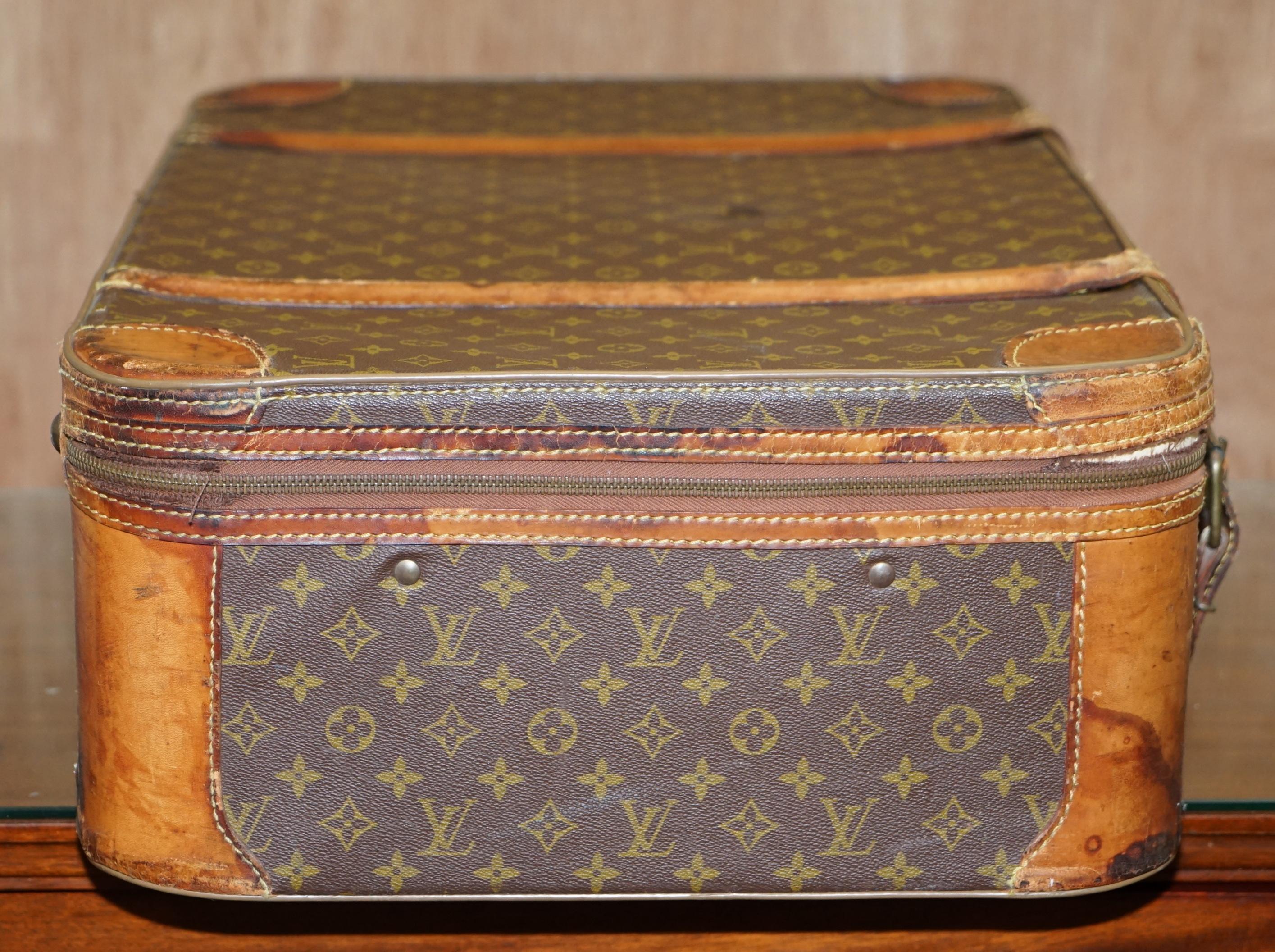 1 of 2 Vintage Brown Leather Louis Vuitton Strapped Bronze Monogram Suitcases 2