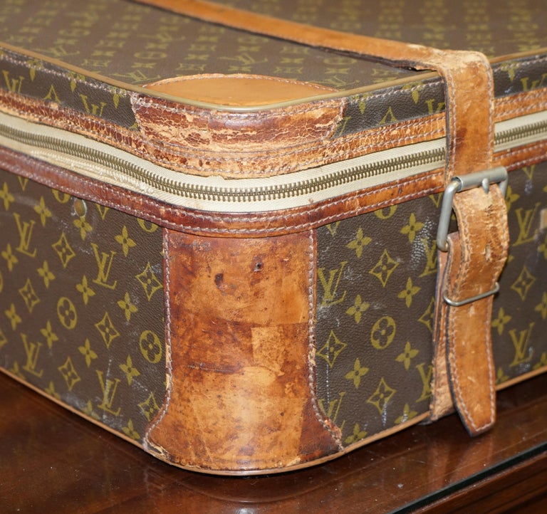 1 of 2 Vintage Brown Leather Louis Vuitton Strapped Bronze Monogram Suitcases For Sale 2