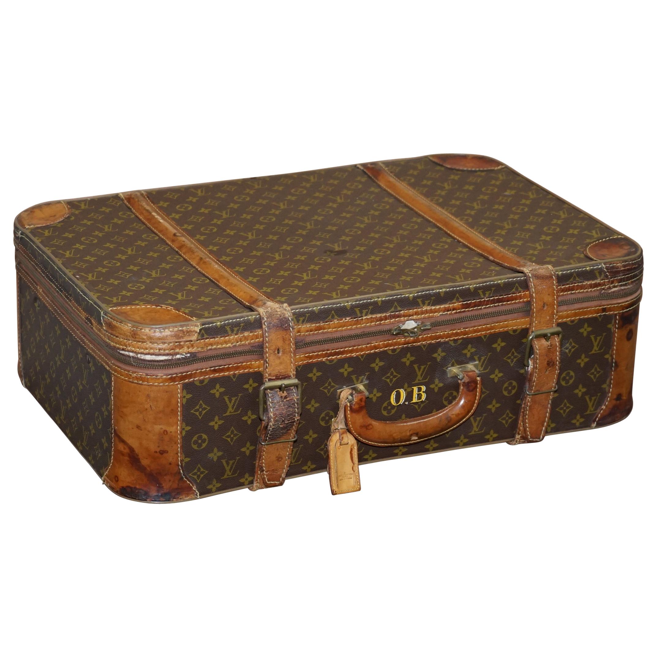 1 of 2 Vintage Brown Leather Louis Vuitton Strapped Bronze Monogram Suitcases