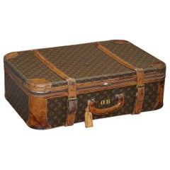 1 of 2 Vintage Brown Leather Louis Vuitton Strapped Bronze Monogram Suitcases