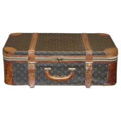 1 of 2 Vintage Brown Leather Louis Vuitton Strapped Bronze Monogram Suitcases
