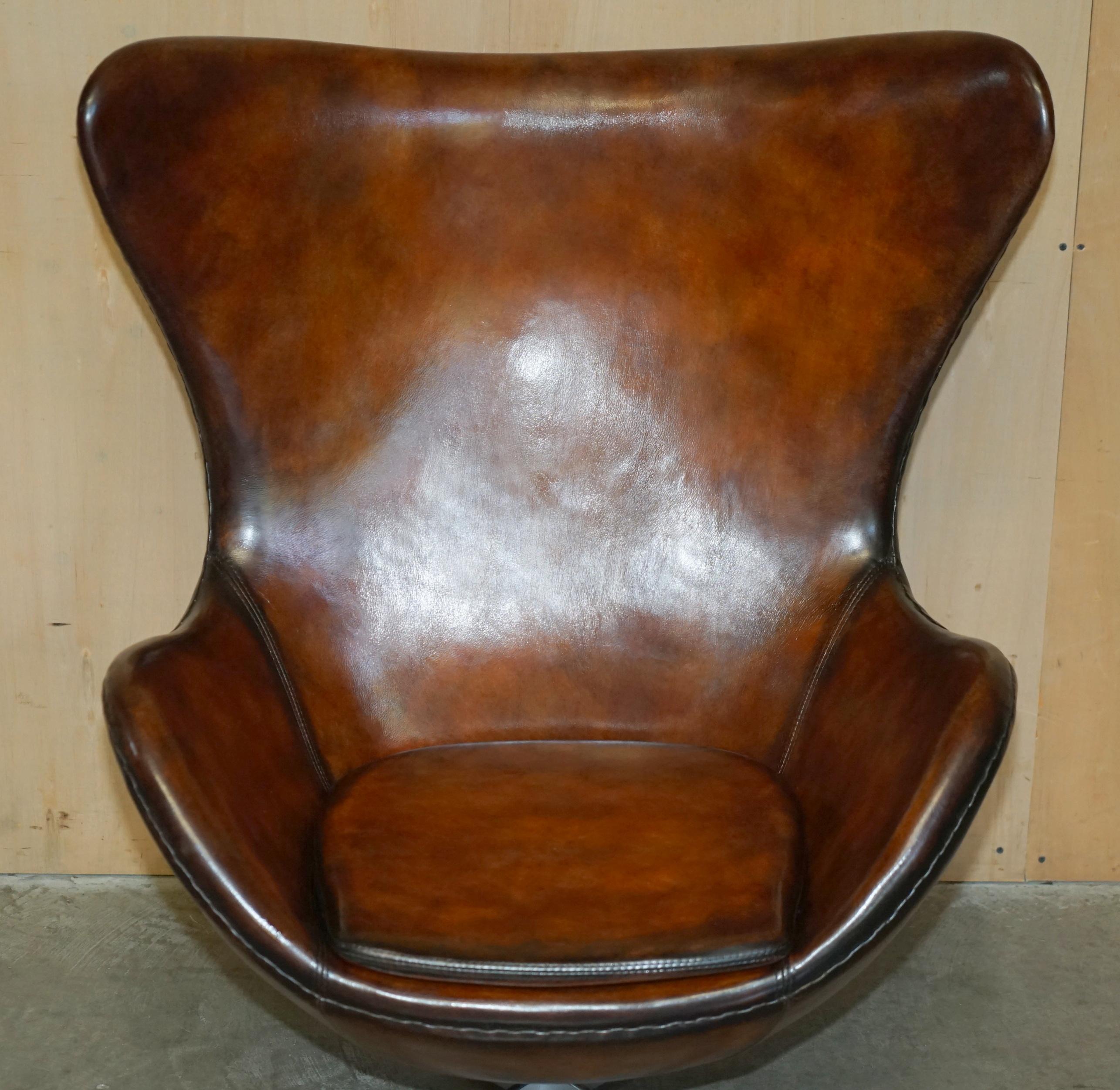 Mid-Century Modern 1 of 2 Vintage Fully Restored Fritz Hansen Style Egg Chair Whisky Brown Leather For Sale