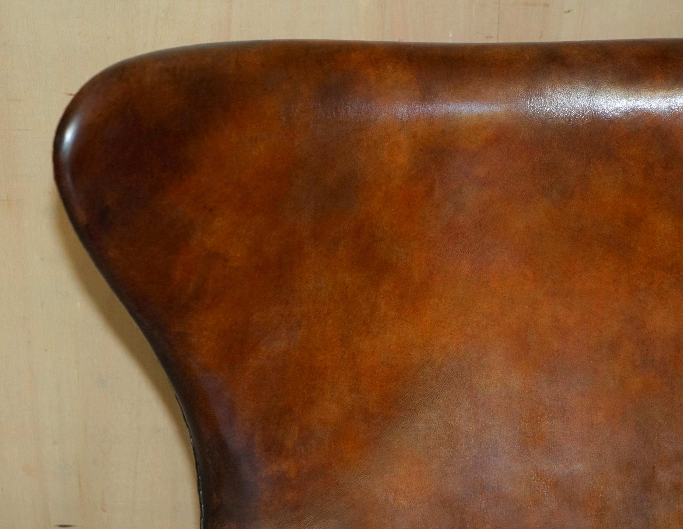 European 1 of 2 Vintage Fully Restored Fritz Hansen Style Egg Chair Whisky Brown Leather For Sale