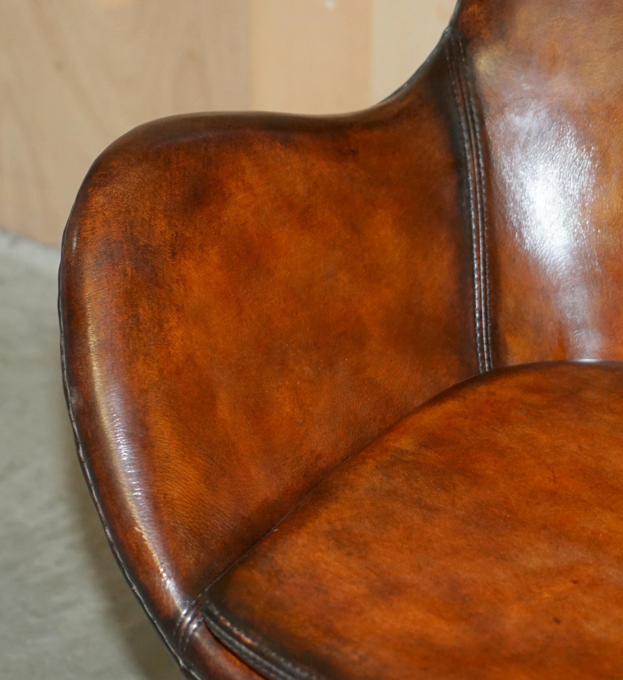 1 of 2 Vintage Fully Restored Fritz Hansen Style Egg Chair Whisky Brown Leather For Sale 2