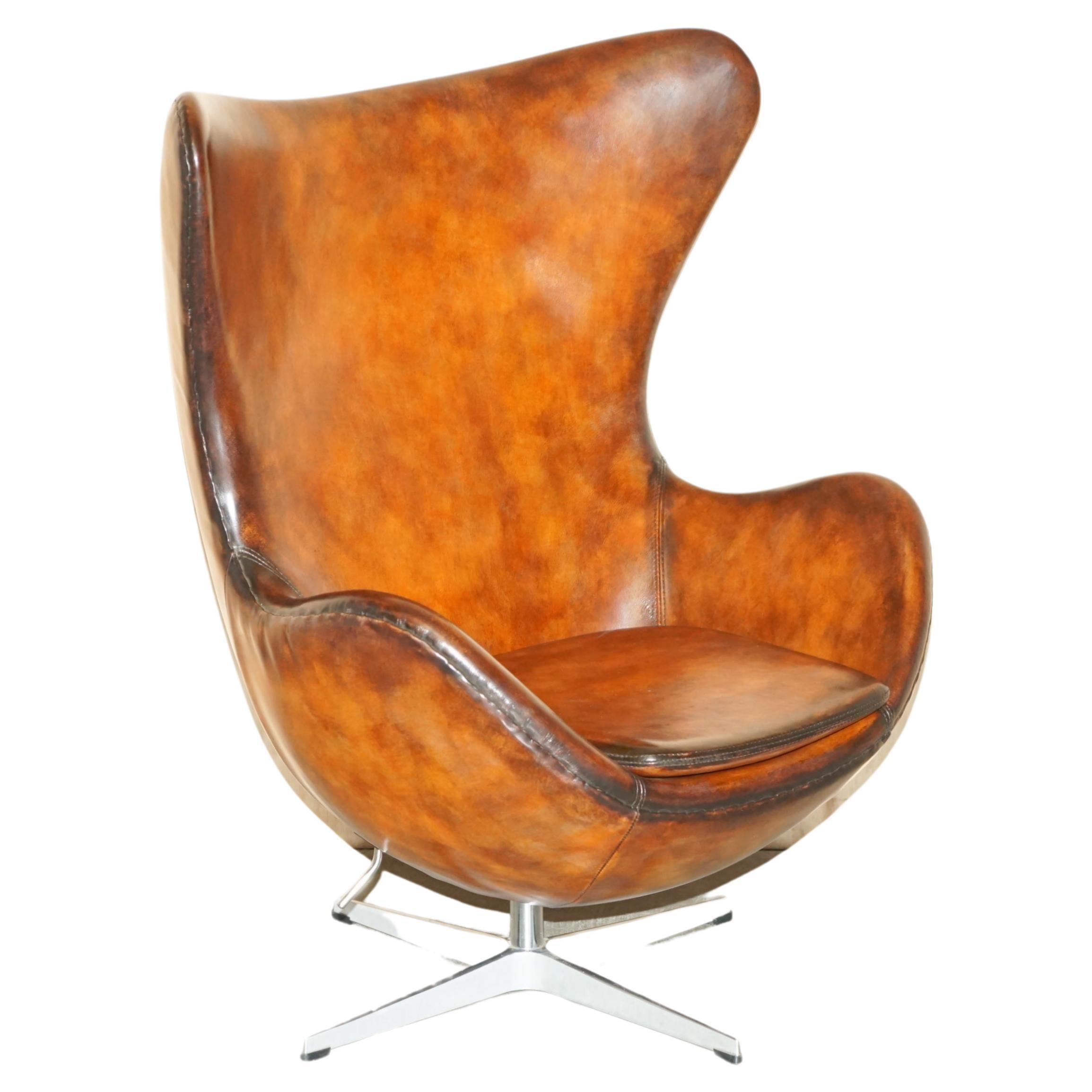 1 of 2 Vintage Fully Restored Fritz Hansen Style Egg Chair Whisky Brown Leather