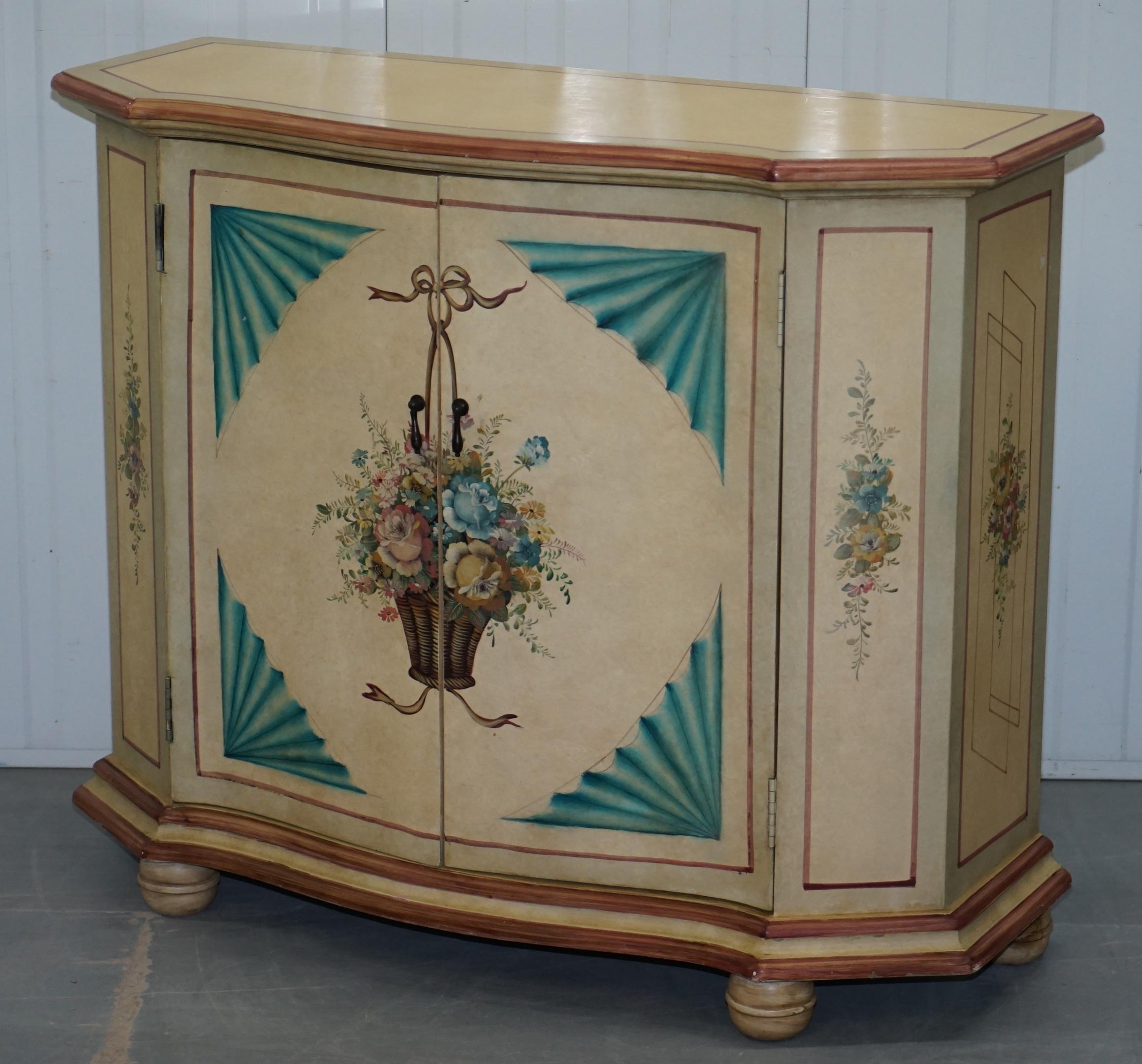 Mid-Century Modern 1 of 2 Vintage Painted Flowers French Serpentine Fronted Sideboards Cupboards