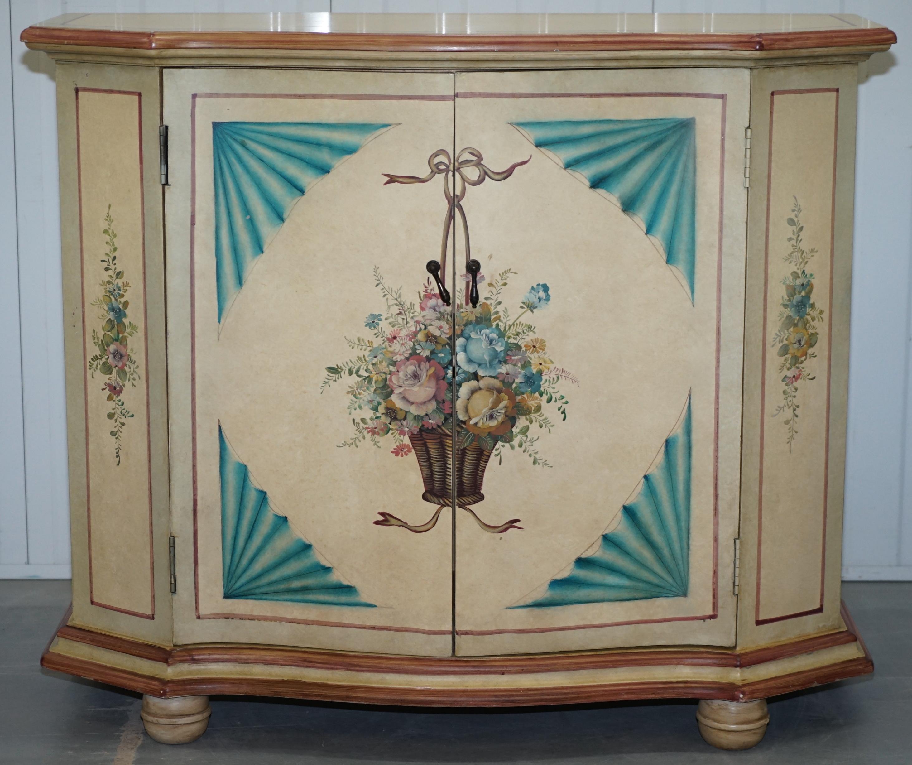 1 of 2 Vintage Painted Flowers French Serpentine Fronted Sideboards Cupboards 1