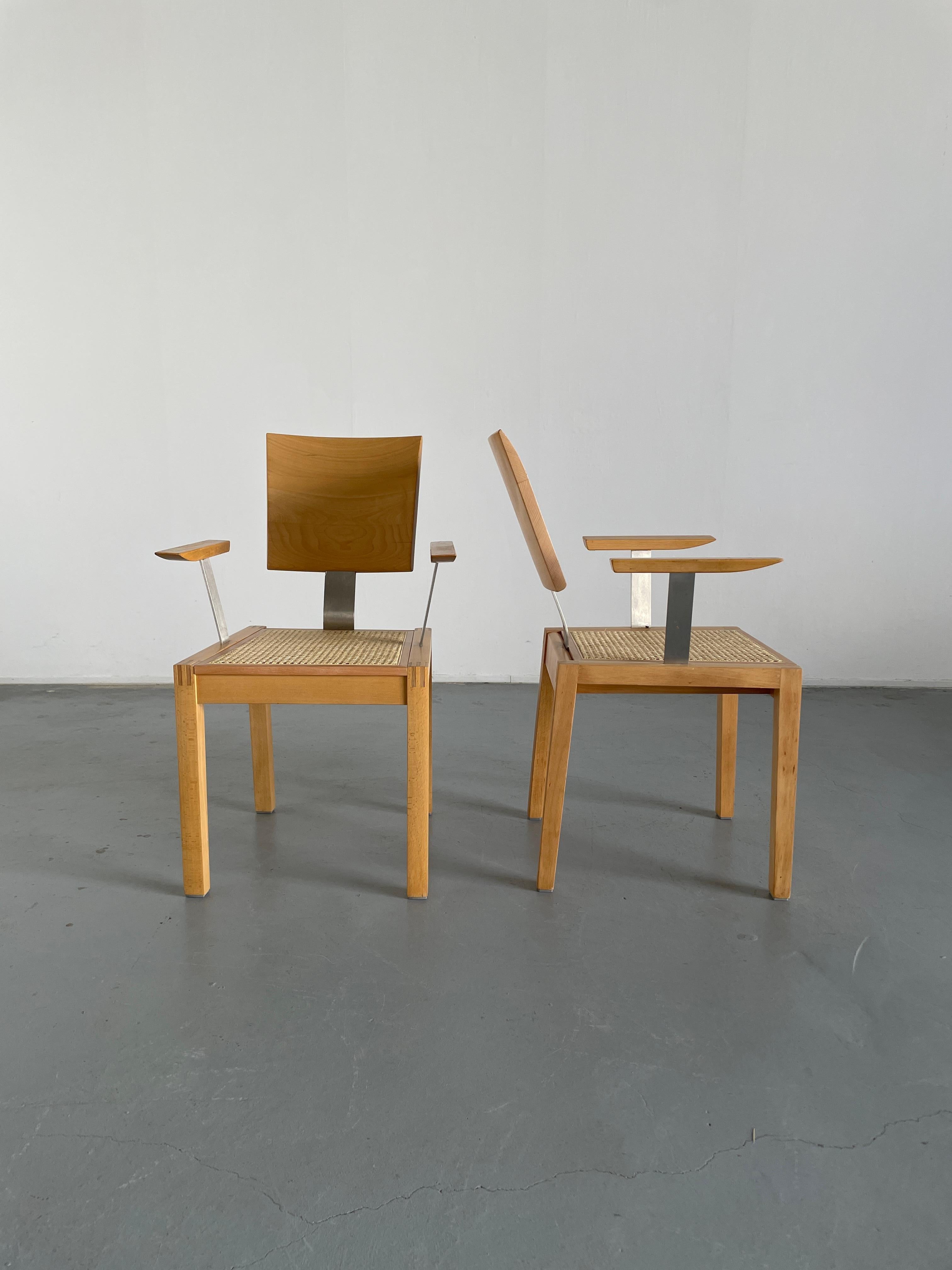 Post-Modern 1 of 2 Vintage Postmodern Geometrical Beechwood and Cane Dining Armchairs, 1990s