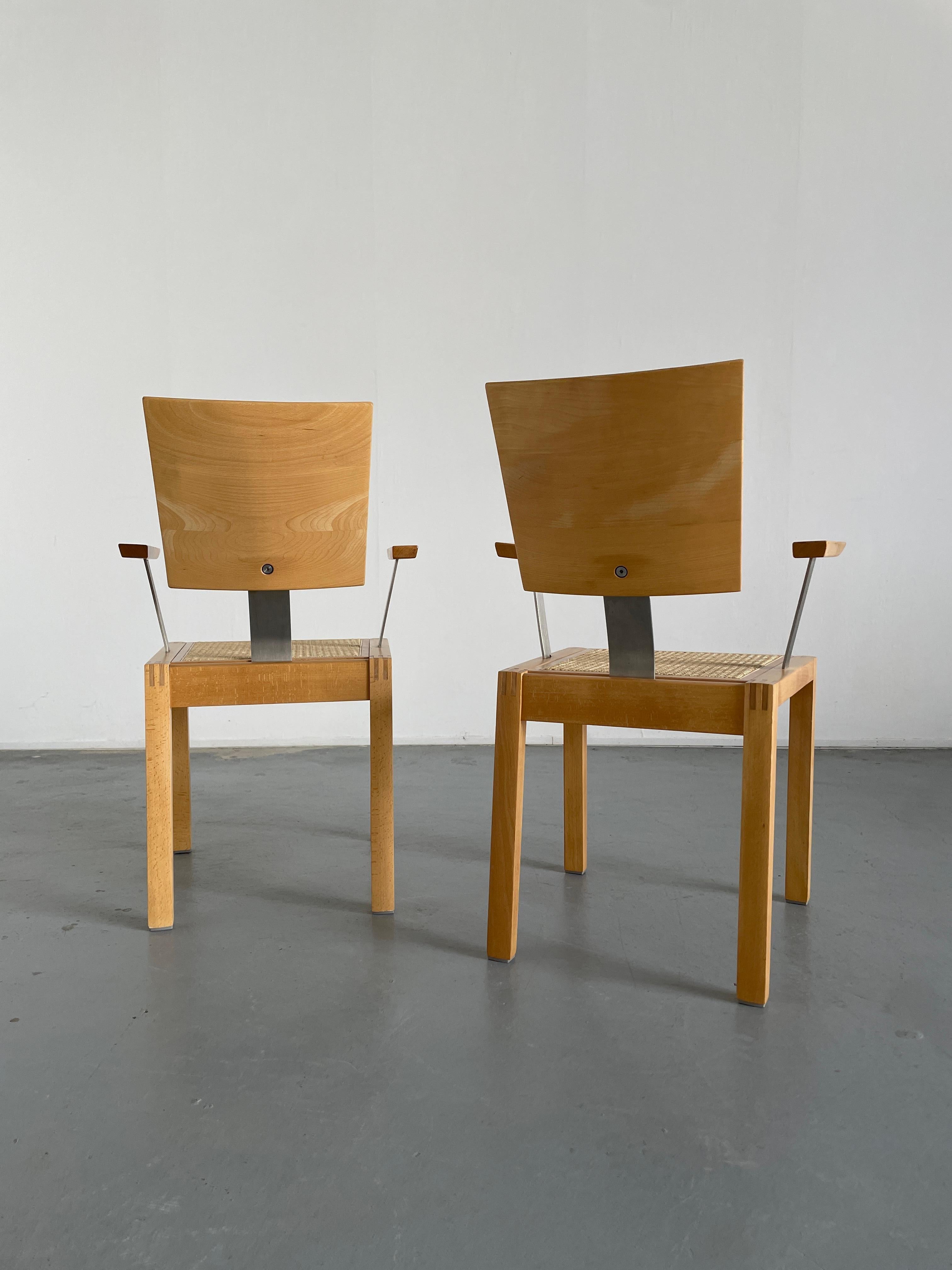 Late 20th Century 1 of 2 Vintage Postmodern Geometrical Beechwood and Cane Dining Armchairs, 1990s