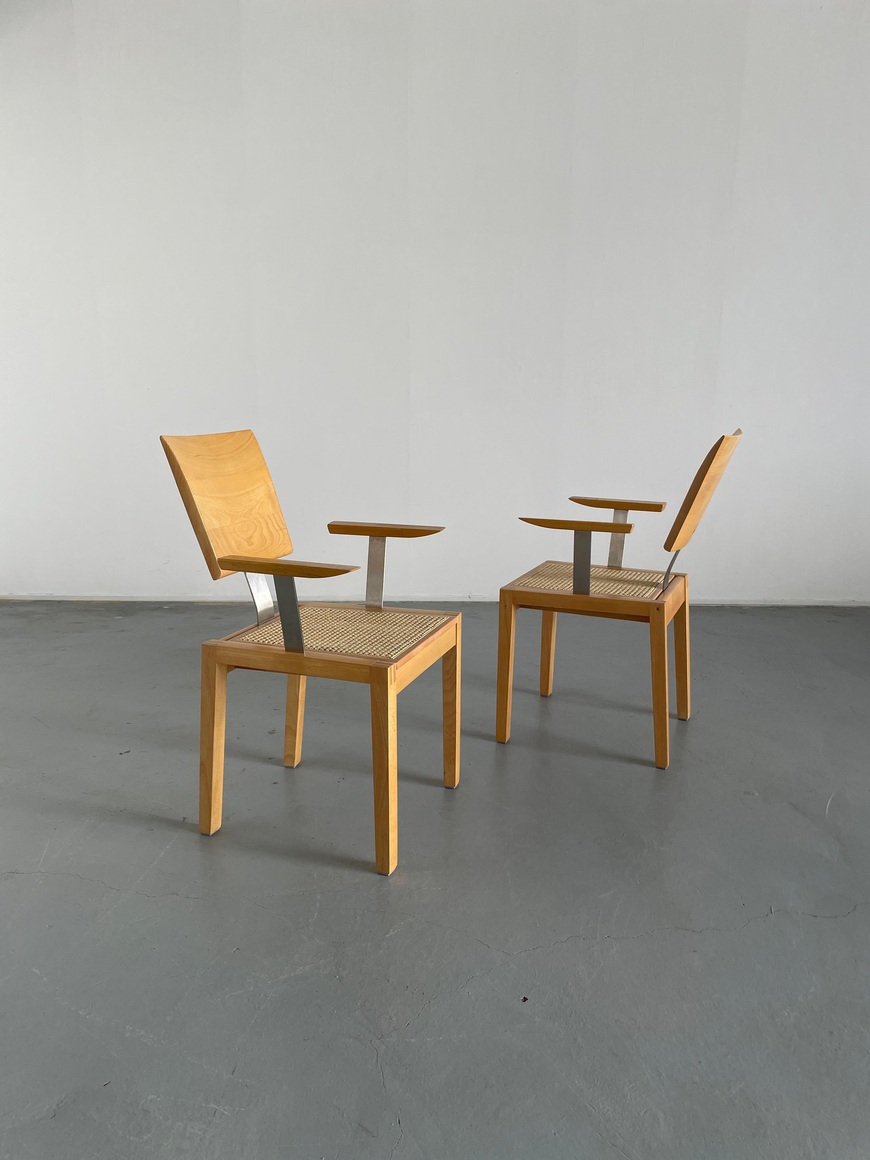 1 of 2 Vintage Postmodern Geometrical Beechwood and Cane Dining Armchairs, 1990s 1