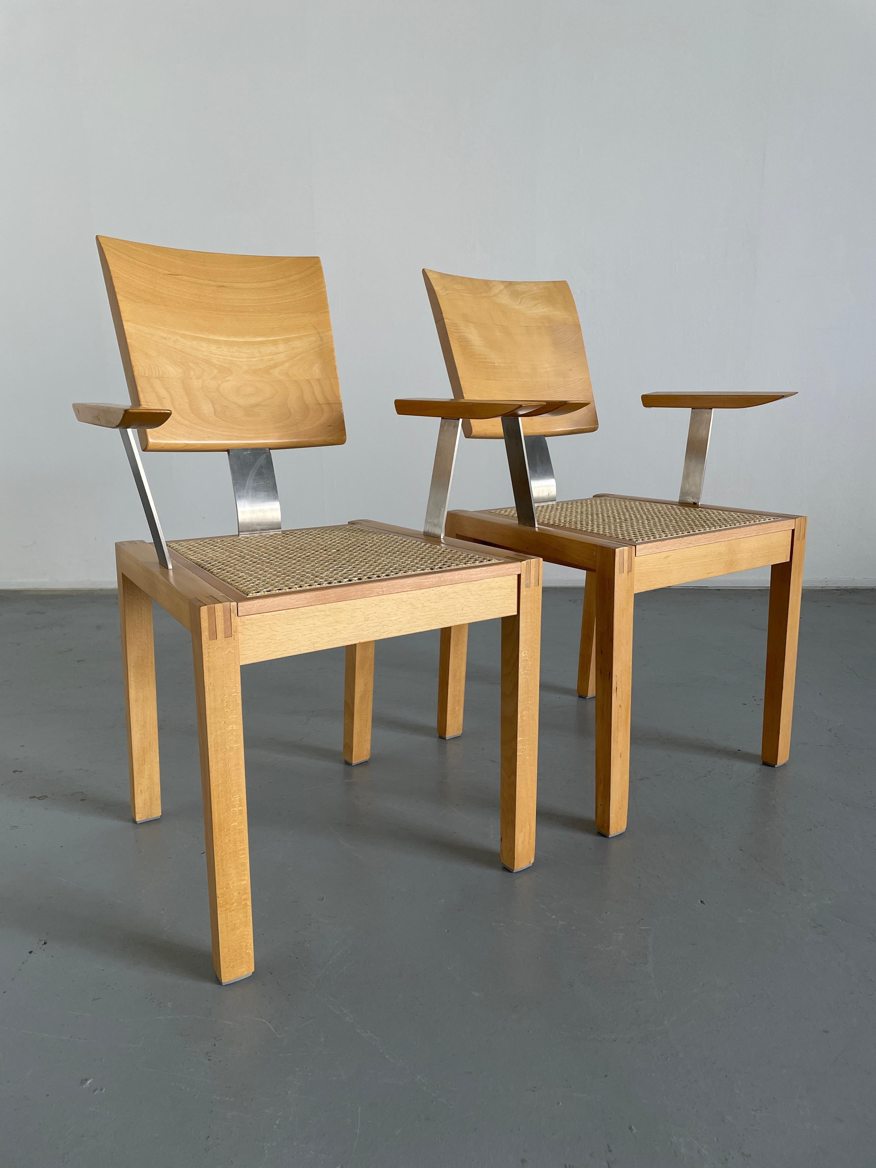 1 of 2 Vintage Postmodern Geometrical Beechwood and Cane Dining Armchairs, 1990s 3
